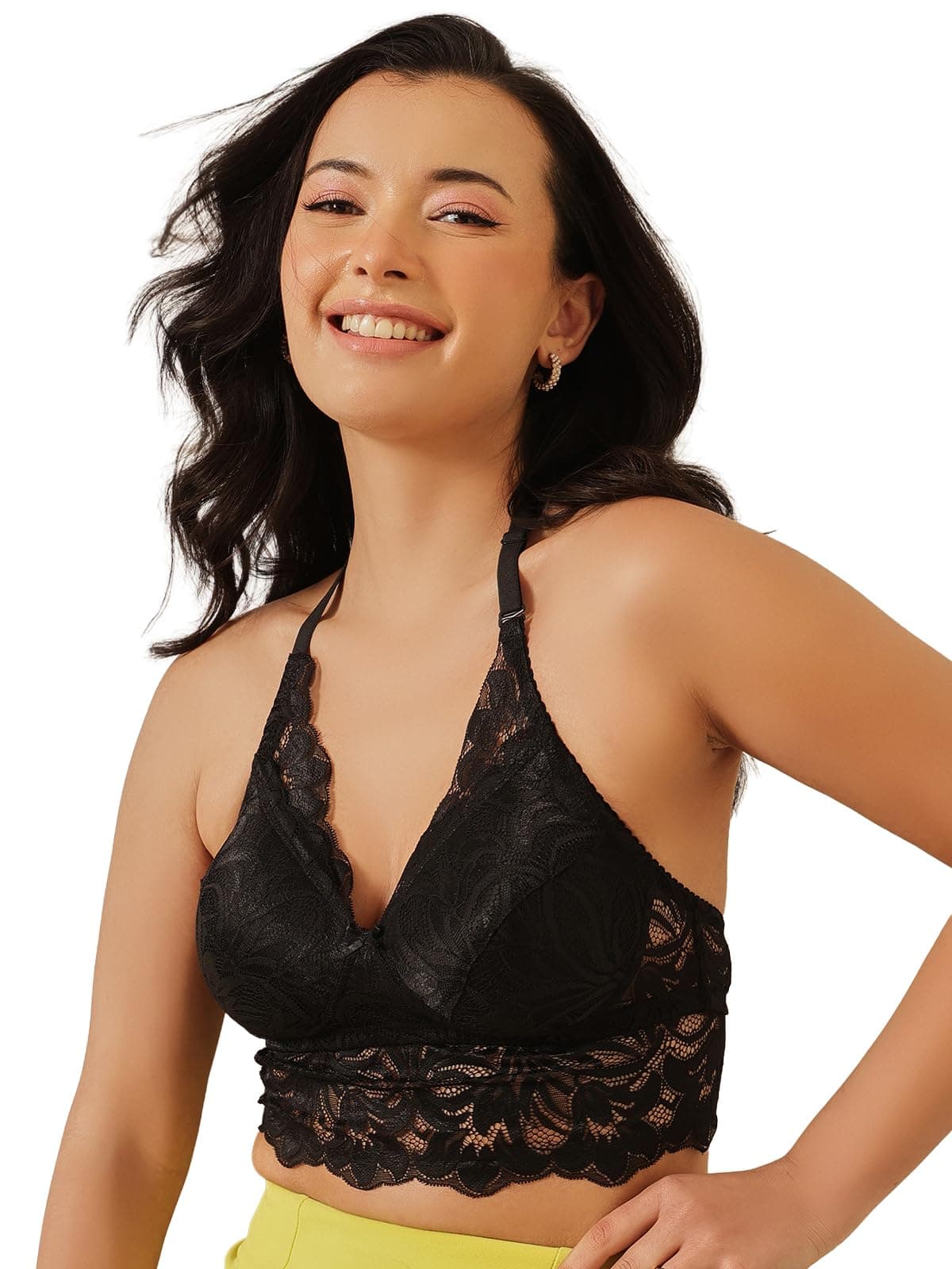 Clovia Women Lace Padded Non-Wired Halter Neck Longline Bralette