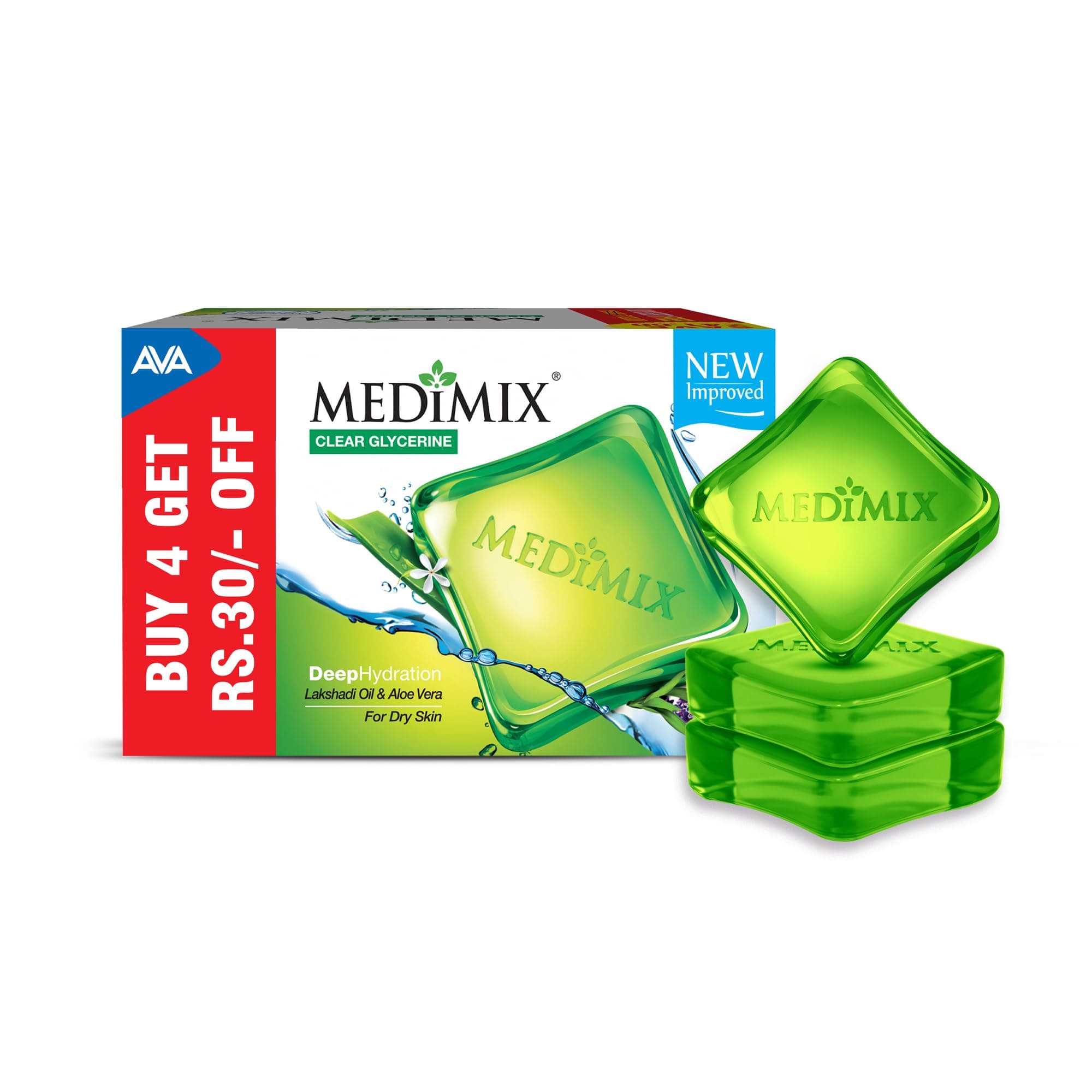 Medimix Clear Glycerine Bathing Bar Soap for Dry Skin 100g - Buy 4 Get Rs.40/- off | Infused with Lakshadi Oil & Aloe Vera | Effective for Dry Skin