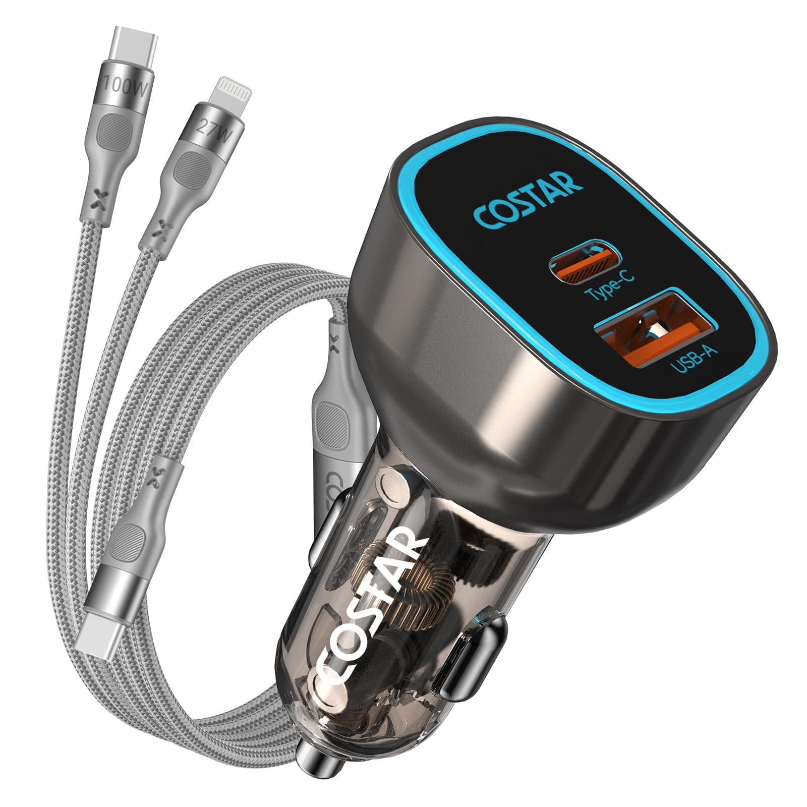 COSTAR 95W Car Charger Fast Charging for Laptop with Dual Ports, Type-C PD 65W+ USB QC 30W, Compatible with Laptop, Tablets, Mobile and Others, Car Mobile Charger with 2 in 1 100W Fast Charging Cable