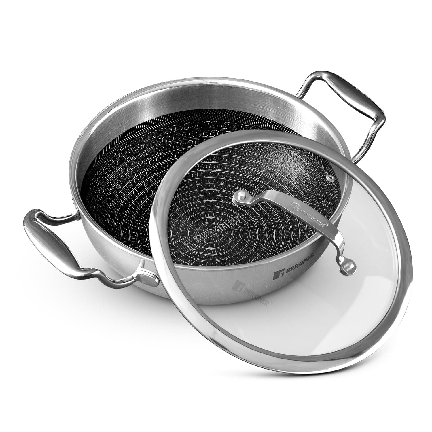Bergner Hi-Tech Giro Triply Stainless Steel Kadai with Glass Lid 22cm (2.25L), Honeycomb Non-Stick Coating, Healthy Cooking, Consumes Less Oil, Sturdy Stay Cool Handles - Induction and Gas Stove Ready