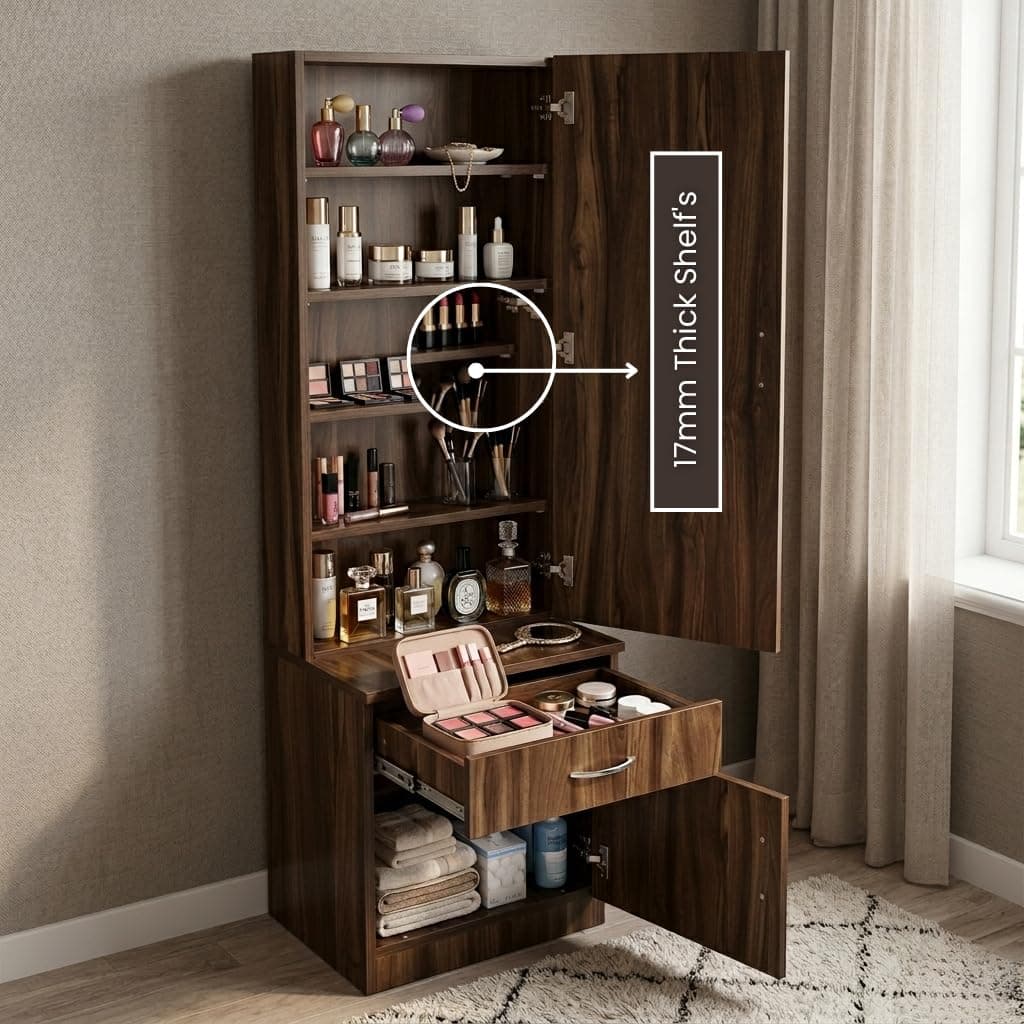 CASPIAN Engineered Wood Single Door Wooden Vanity Dressing Table (Dark Brown) | Pre-Assembled Furniture with Mirror | Makeup & Accessories Storage Organizer with 5 Shelves, 1 Cabinet & 1 Drawer