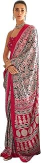 AKHILAM Women's Multicolor Crepe Ajrak Printed Saree With Unstitched Blouse Piece (KAJRKH386001_RJ_Parent)