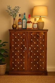 Krishna Wood Decor 47" Height Bar Cabinet for Home | Bar Unit for Living Room | Solid Sheesham Wood, Traditional Brass Work | Wine Rack & Glass Holder for Restaurant and Hotel Areas | Natural Finish
