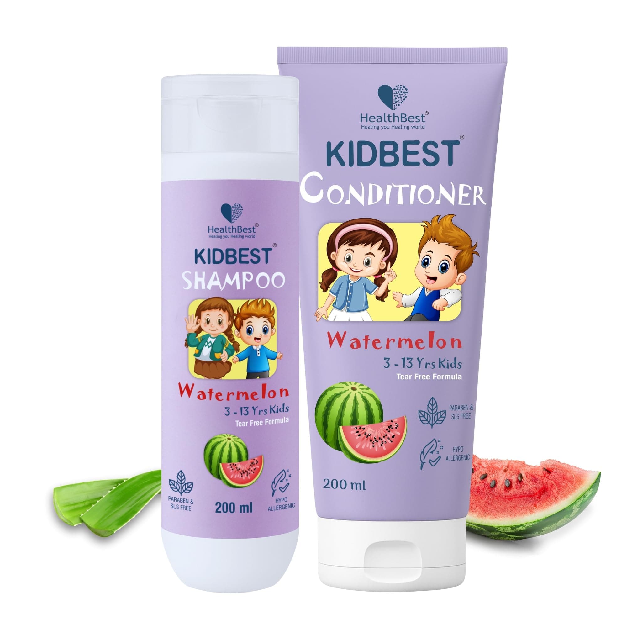 HealthBest Tear Free Kids Shampoo & Conditioner Combo Watermelon 200ml Each Gentle Daily Hair Care for Boys and Girls Age 3 to 13 Years Safe for Baby Toddlers with No Parabens SLS or Sulphates