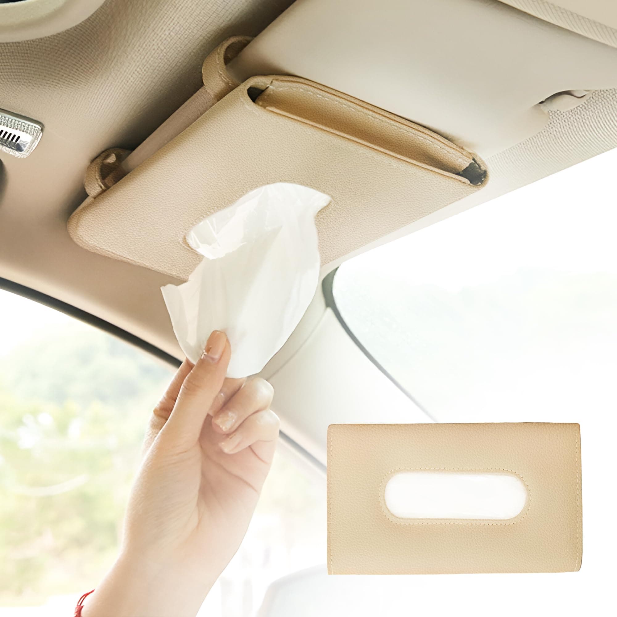 Car Tissue Holder with Tissues – Elegant PU Leather Tissue Paper Holder for Car Ideal for Family | Tissue Holder for Car That Fits Perfectly on Sunvisor & Back Seat | RIAvel- Beige