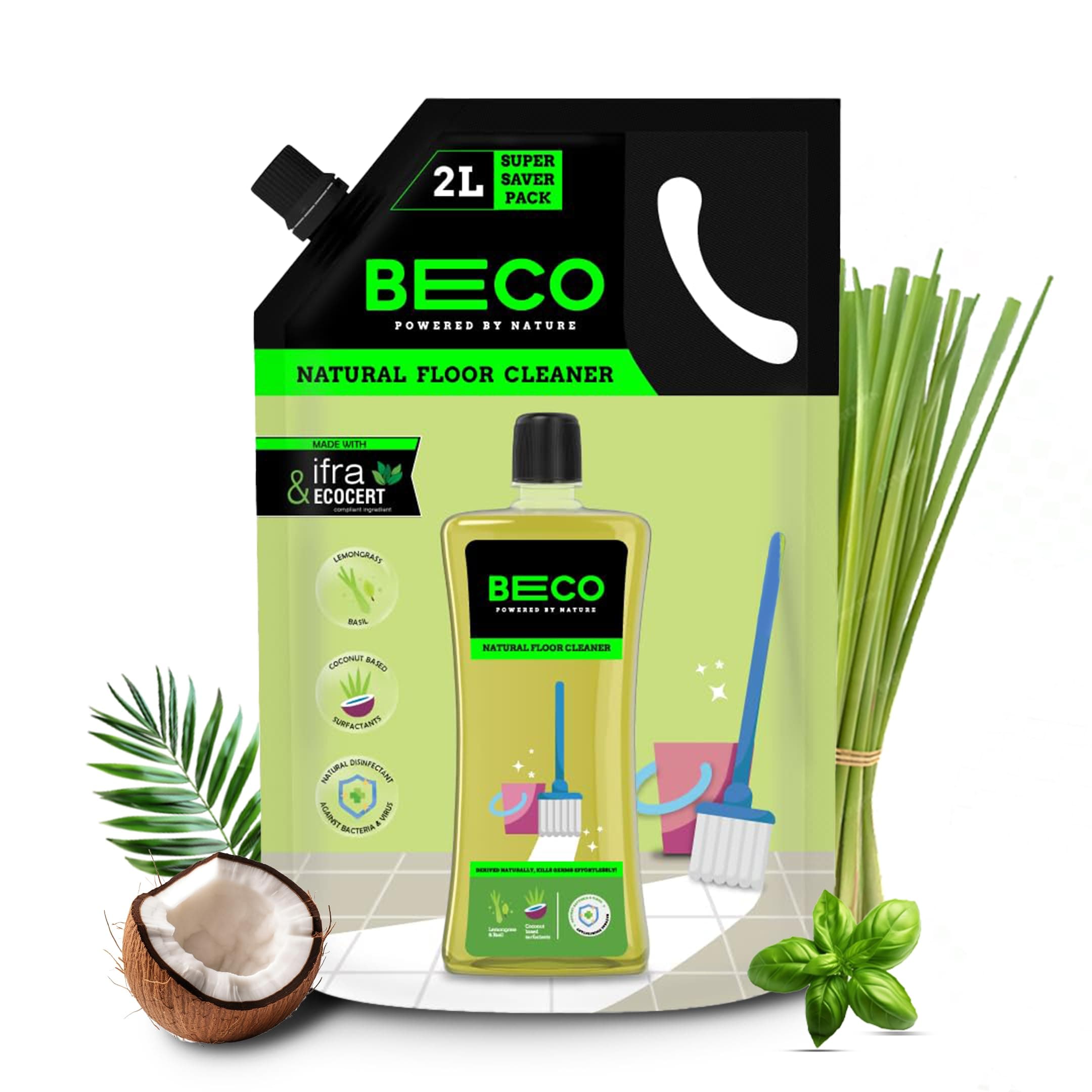 Beco Natural Disinfectant Surface & Floor Cleaning Liquid | 2L Refill Pack | Non Toxic Germ Kill Formula | Lemongrass & Basil Freshness |Safer than Phenyl| Kids Safe, Pet Friendly Floor Cleaner Liquid