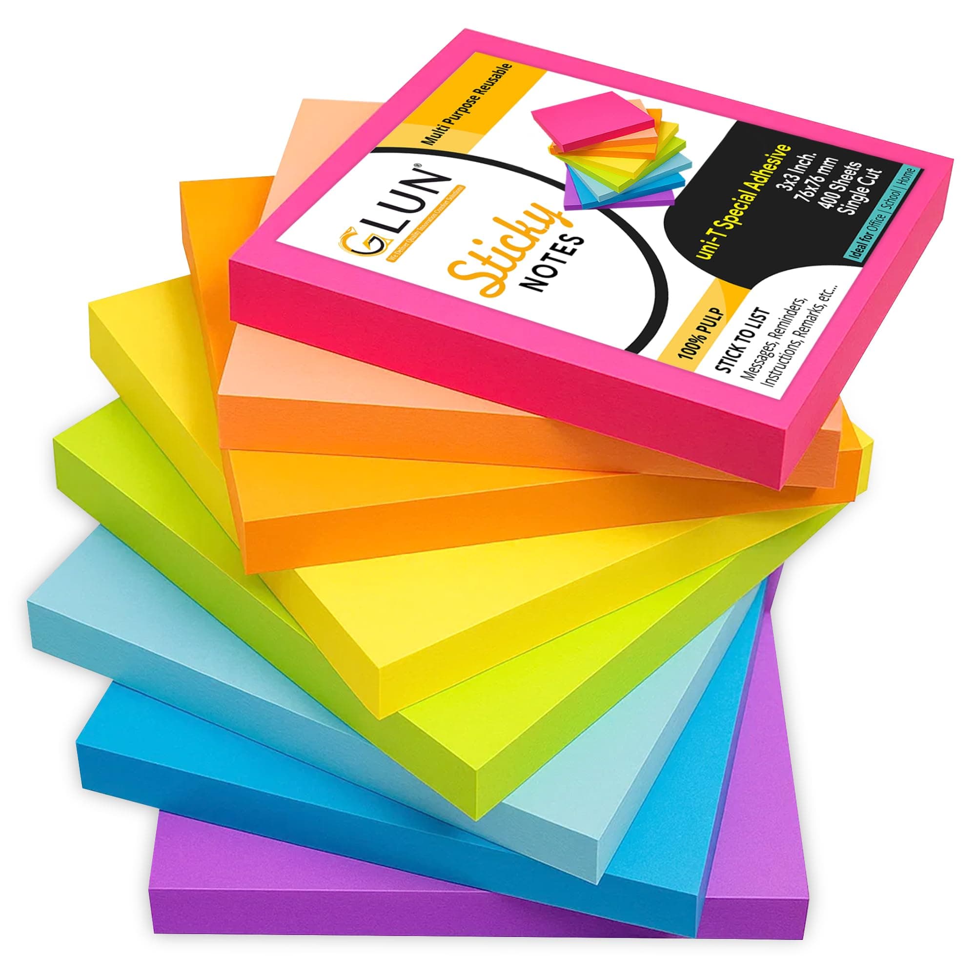 GLUN® 400Pcs Super Sticky Note Pad, Plain Notes for Lists and Longer Notes, Bright Neon Colors Size 3X3 inch (1)