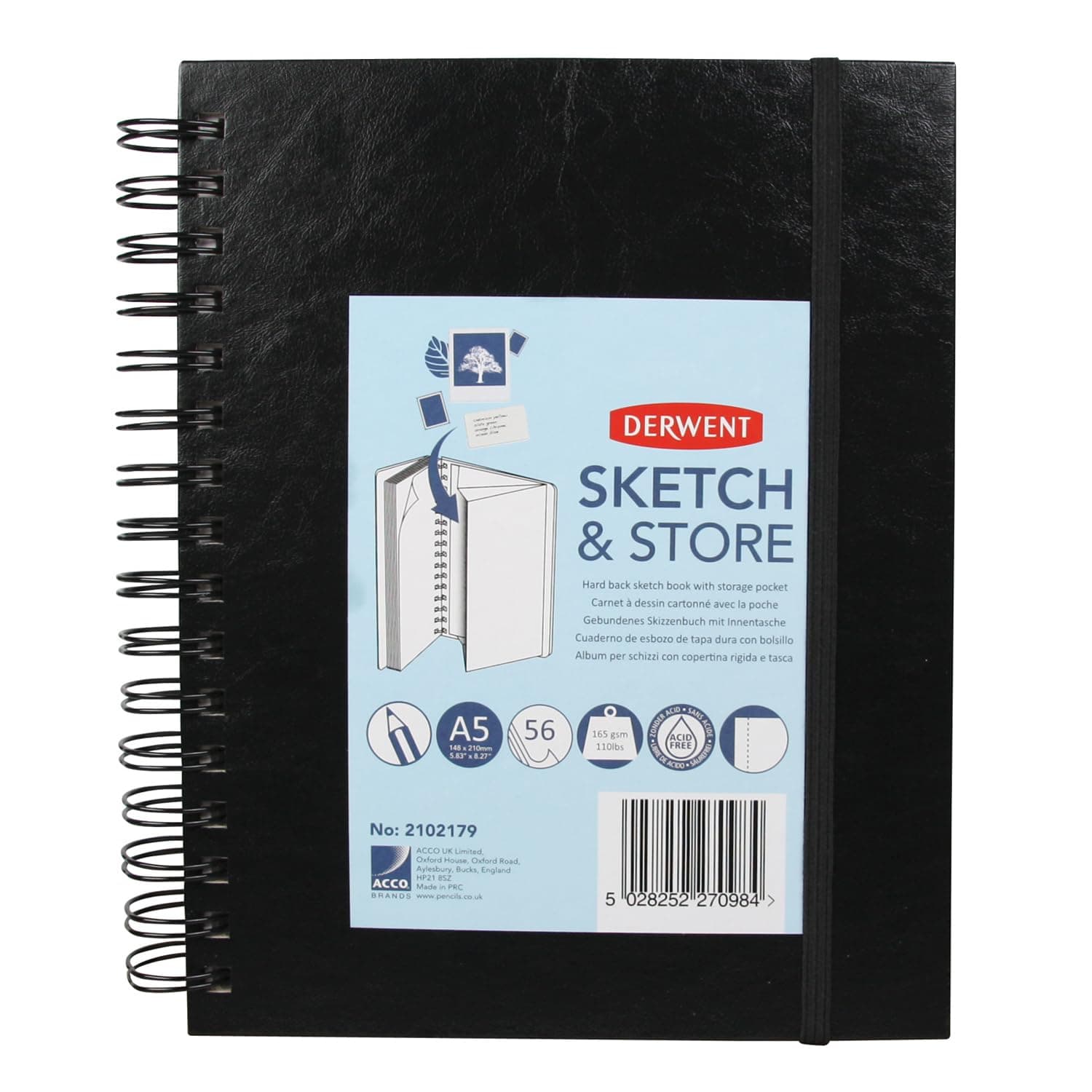 Derwent Sketch and Store Hard Back Sketch Book with Storage Pocket, Elasticated Strap and Wirebound Spine (A5 Portrait)