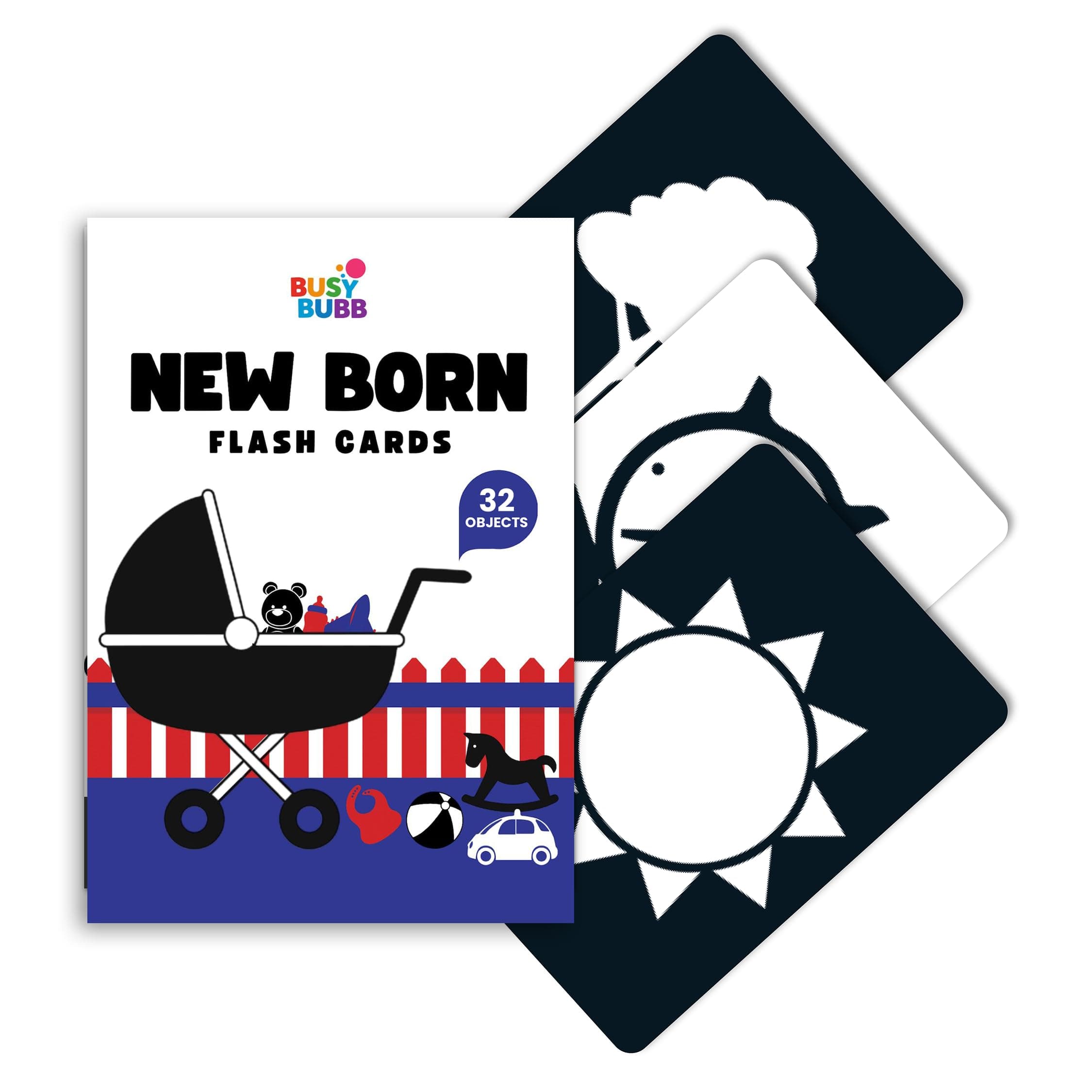 Busy Bubb - High Contrast Flash Cards for Kids | 32 Objects for Visual Stimulation, Cognitive & Sensory Development of 0-6 Month Old Infants