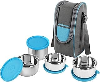 CELLO Steelox Set of 4 Pcs Lunch Box with Jacket For Office, Blue | 2 x 550ml, 375ml, 225ml Stainless Steel Containers |Food Grade Lightweight Leakproof Airtight Tiffin Box Case For Travel & Daily Use