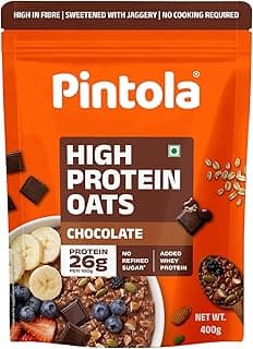 Pintola 26g High Protein Dark Chocolate Oats 400g, No Refined Sugar, with Almonds, Raisins, Pumpkin & Chia Seeds, 9.6g Fibre, Rolled Oats for Weight management, Breakfast Cereals