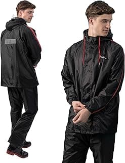 Lifelong Lifelong Men's Raincoat Set | Waterproof Polyester Double-Coated Reversible Rain Suit | Hooded Jacket with Inner Mobile Pocket & Pants | Standard Length for Hiking, Camping L Black With Red Stripe