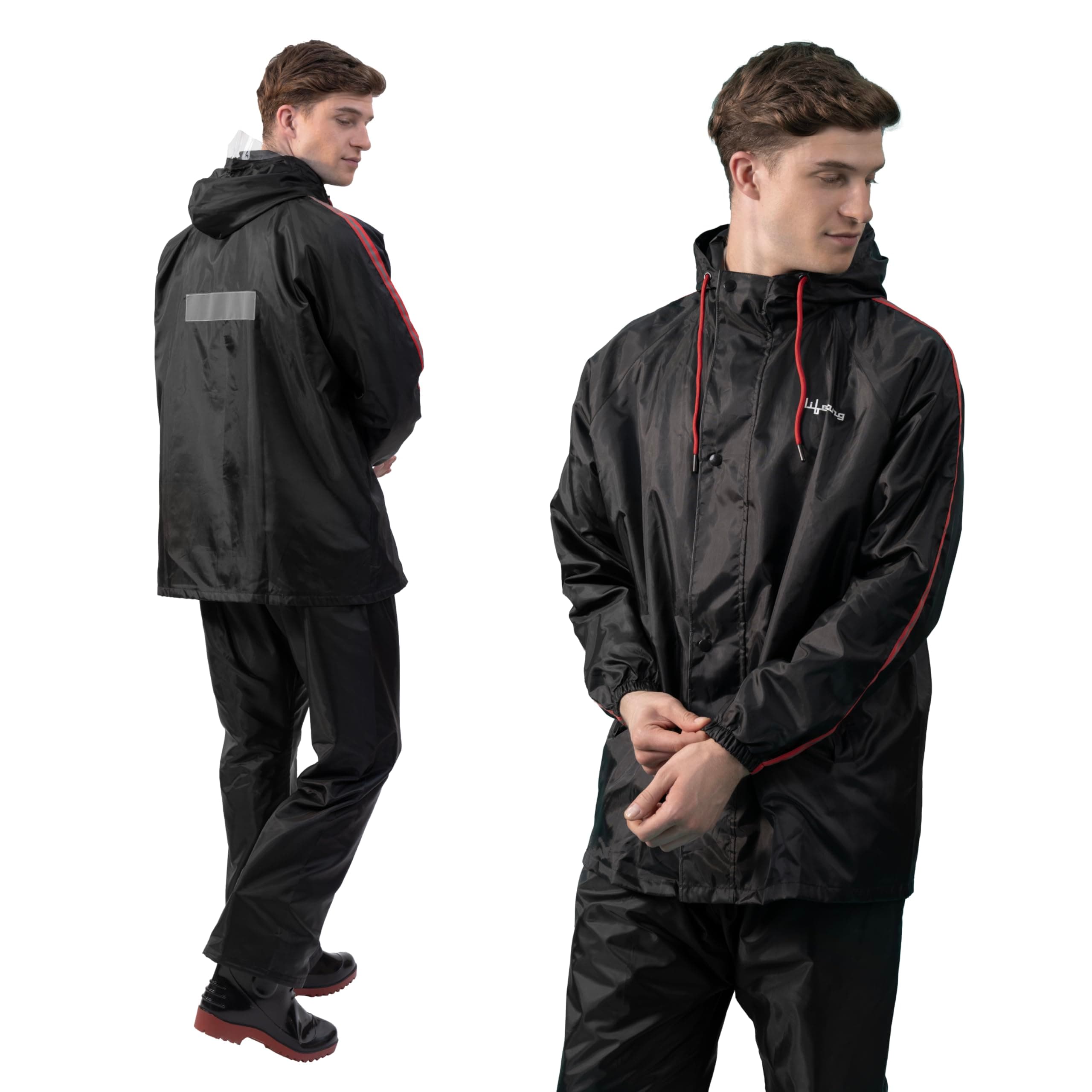 Lifelong Men's Raincoat Set | Waterproof Polyester Double-Coated Reversible Rain Suit | Hooded Jacket with Inner Mobile Pocket & Pants | Standard Length for Hiking, Camping L Black With Red Stripe
