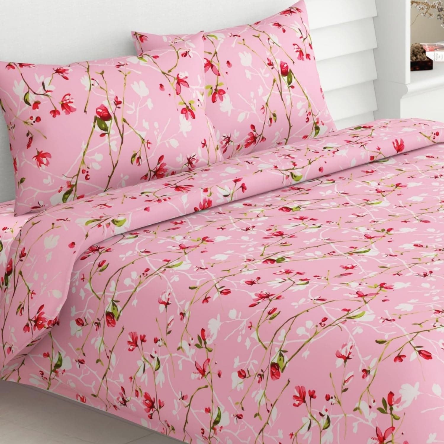Haus & Kinder Bedsheet,100% Cotton Double Bed Bed Sheet, 186 TC Pure Cotton Bedsheet for Queen Size Bed, Cotton Double Bedsheets with 2 Pillow Covers,Summer Vintage Romance