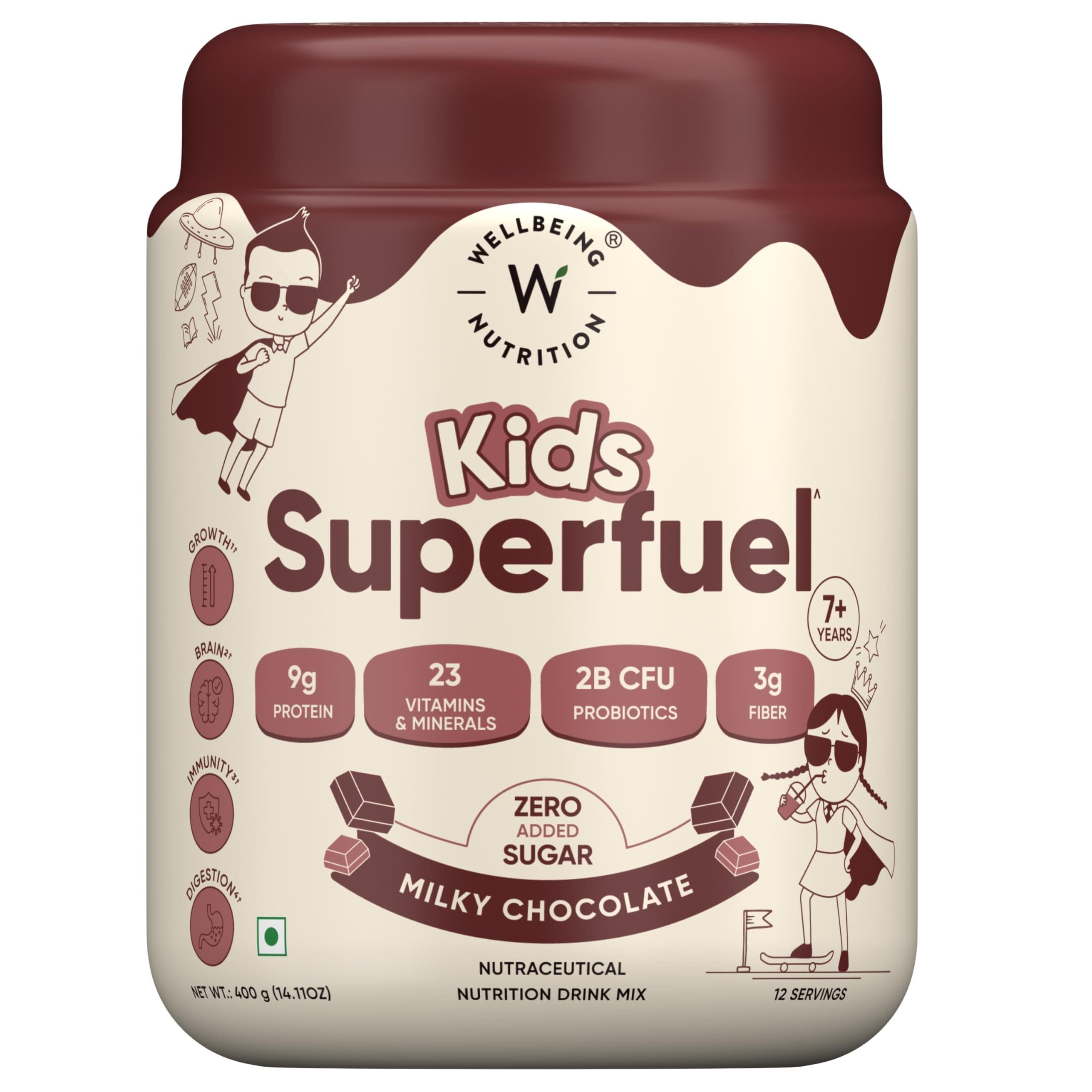 Wellbeing Nutrition Kids Superfuel 7+years |Zero Added Sugar |9g Milk Protein Isolate, 23 Vitamins & Minerals, 100mg DHA, 3g Fiber, Probiotics |Height Growth, Immunity & Brain| Chocolate, Nutrition Drink Powder, 400g