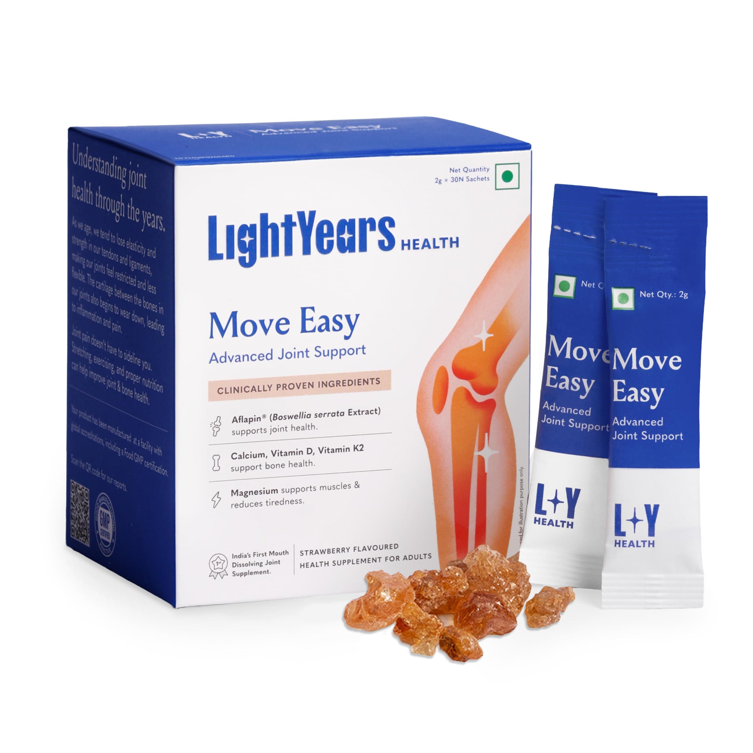LightYears Move Easy | Advanced Joint Support Supplement | Clinically Proven Ingredients | Boswellia Serrata, Magnesium, Calcium, Vitamin D, Vitamin K2-7 | Mouth-Melting Powder | 30 Sachets