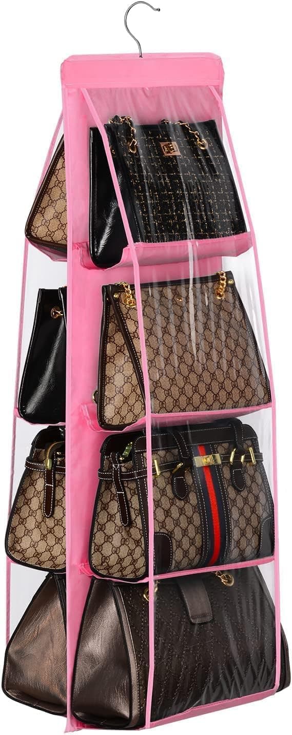 GOMAJO 8 Pocket Hanging Handbag Organizer – Multi-Compartment Purse Storage with Adjustable Hooks – Space-Saving Closet Organizer for Handbags, Purses, Wallets – Durable, Home (Pink)