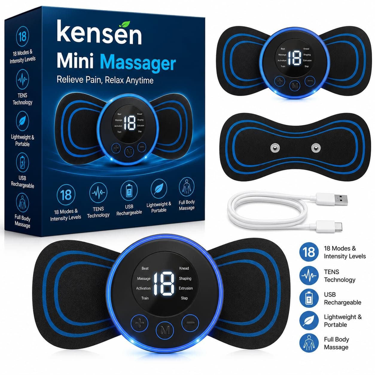 Mini Massager for Pain Relief, Portable Electric Body Massager Machine, EMS Muscle Stimulator,Butterfly Back Neck Shoulder Massager for Body Pain Relief,Compact Travel Massager (Blue, Medium- 1 Pc)