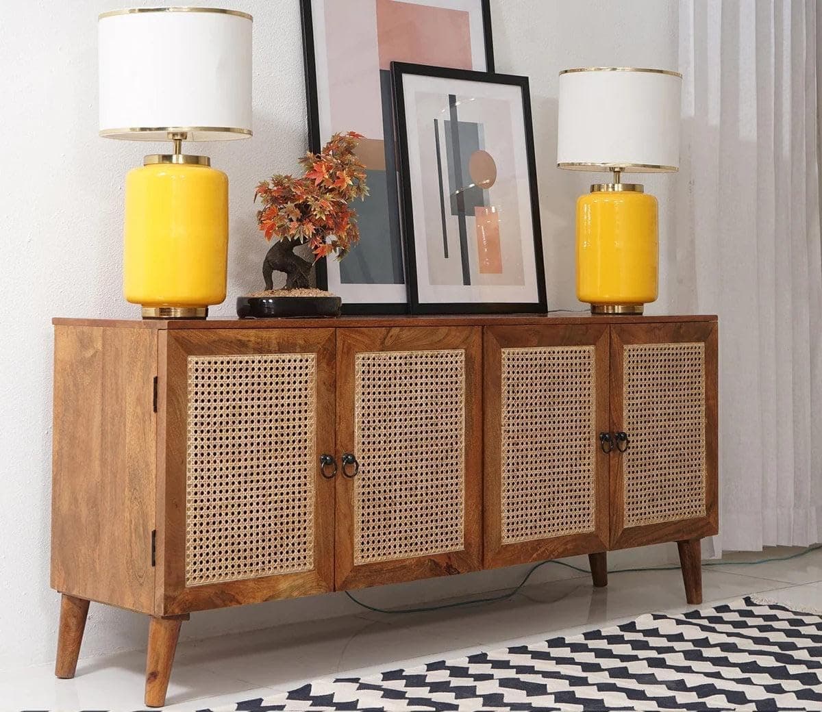 Space Galaxy Wooden Sideboard Cabinet for Living Room, Drawing Room, Office & Lounge | Material: Sheesham Solid Wood, Rattan Cane | Storage Type: 4 Doors | Finish: Natural
