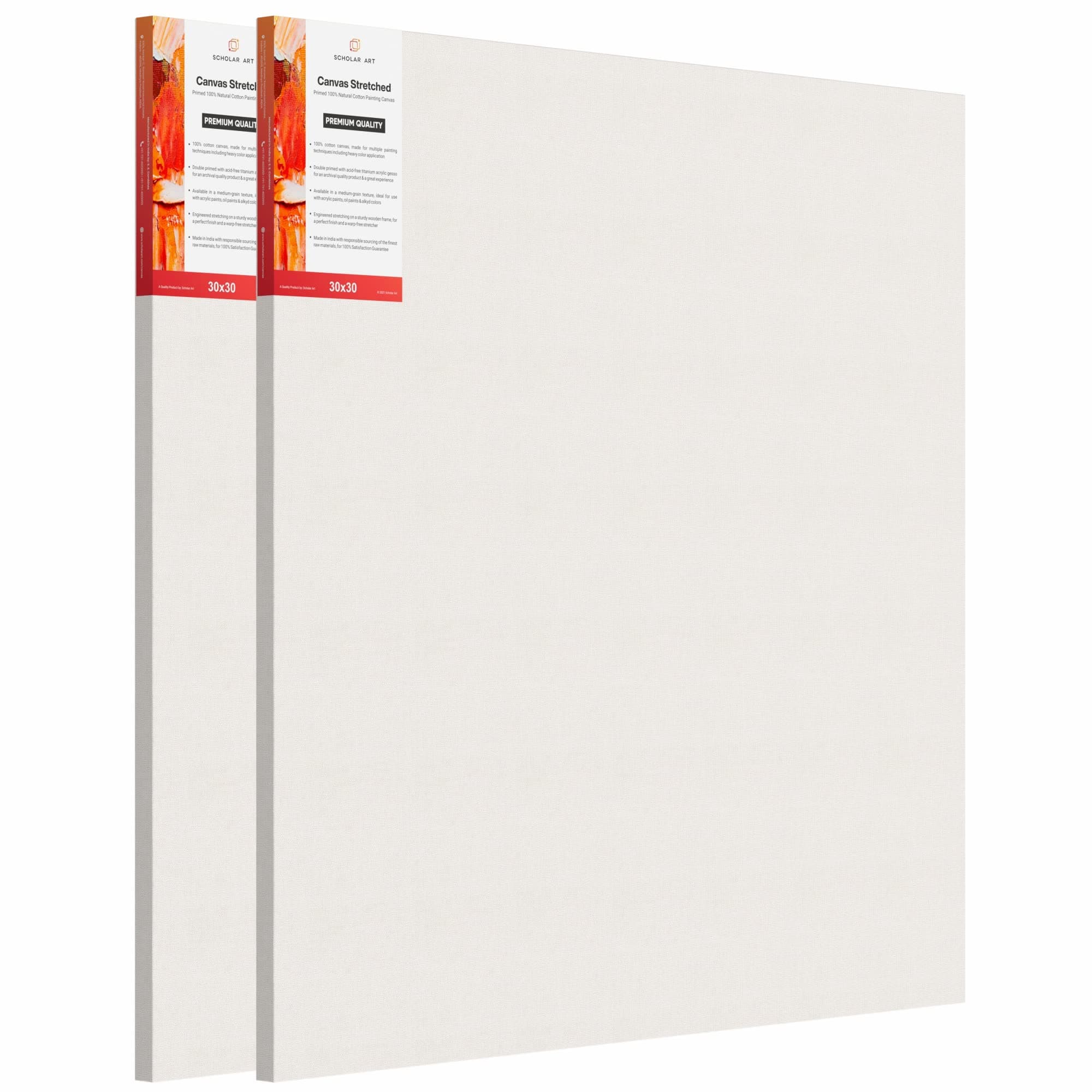 Scholar Art® Artist Standard Series 10 Oz (440 GSM) 100% Cotton Pre-Stretched Canvas with Wooden Frame 18x40 mm | Primed Canvas Stretched for Oil & Acrylic Painting | 30"x30" (75x75 cm), Pack of 2