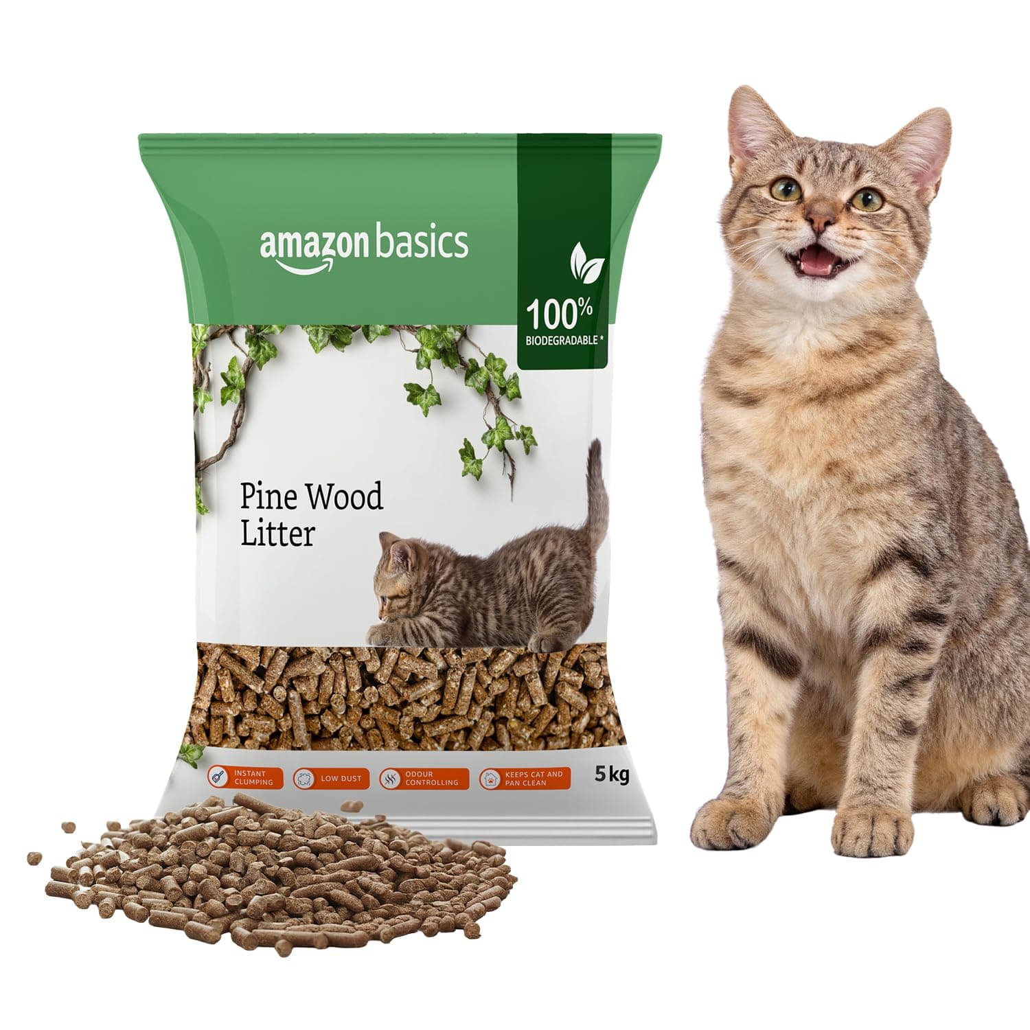 Amazon Basics Premium Pine Wood Cat Litter | 5 Kg | Unscented | 100% Natural | Biodegradable | Fast Absorption | Low Dust | Odor Control