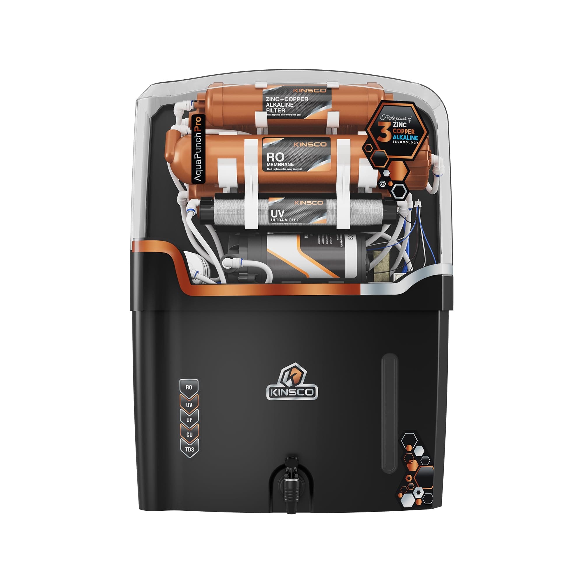 Kinsco Aqua Punch Pro With ISI Mark RO+UV+UF+TDS Adjuster 18 L RO + UV + CU Guard + Alkaline Enhancer + Mineral Water Purifier (Black)