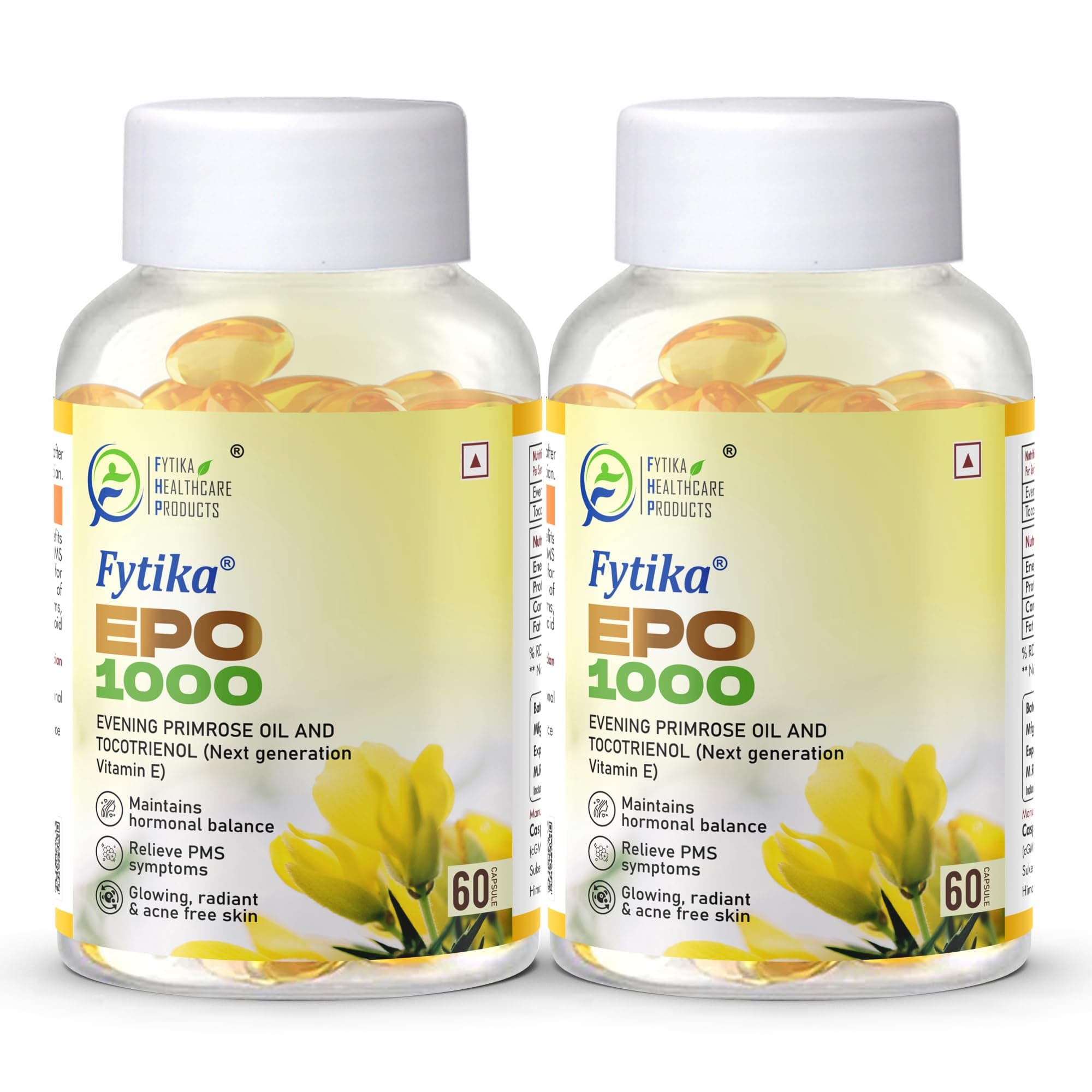 Fytika Epo 1000 Evening Primrose Oil and Tocotrienol Capsules, For Healthy and Acne-free Skin, Helpful in PMS & Menopause, Natural Oil Extract, (60 Capsules, 2)
