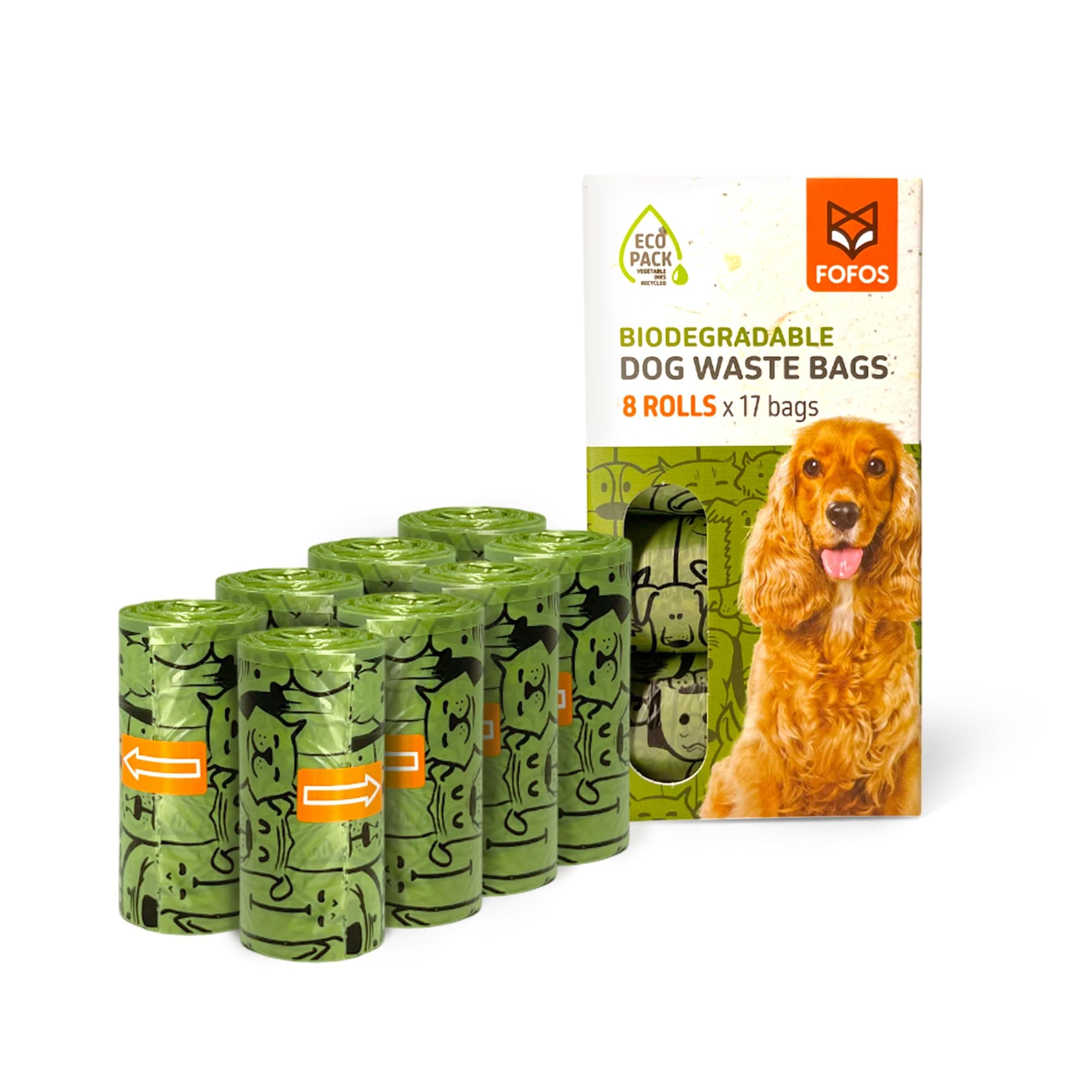 BarkButler x FOFOS Poop Bag Refills – Biodegradable Pet Waste Bags, Leakproof & Durable Dog Poop Bags (8 Rolls, 136 Bags) – Green