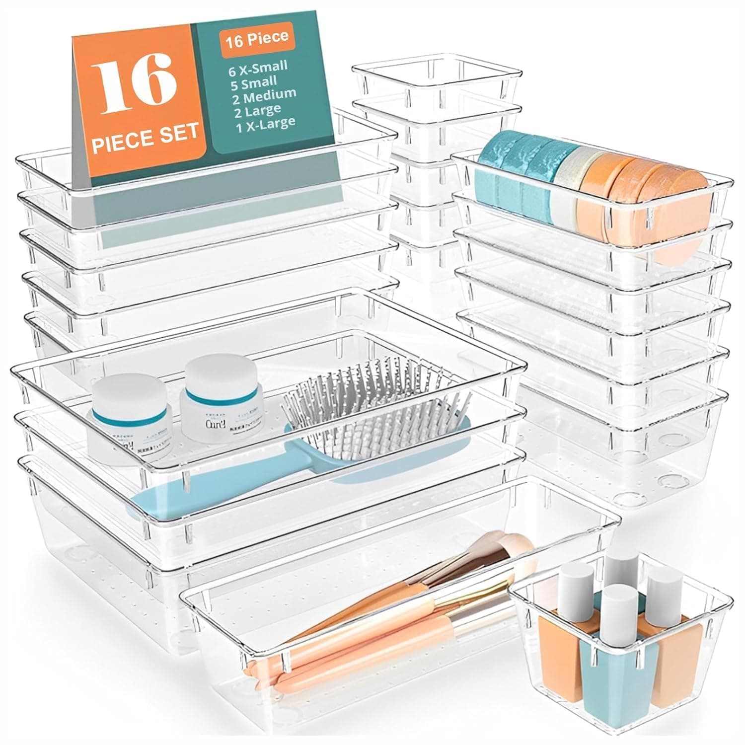 U-MAX 16 PCS Clear Plastic Drawer Organizer Set, 4 Sizes Desk Drawer Organization and Storage Containers for Cosmetics, Jewelry, Makeup and Gadgets in Kitchen, Office, Bedroom, Bathroom(Clear, 16 Pcs)