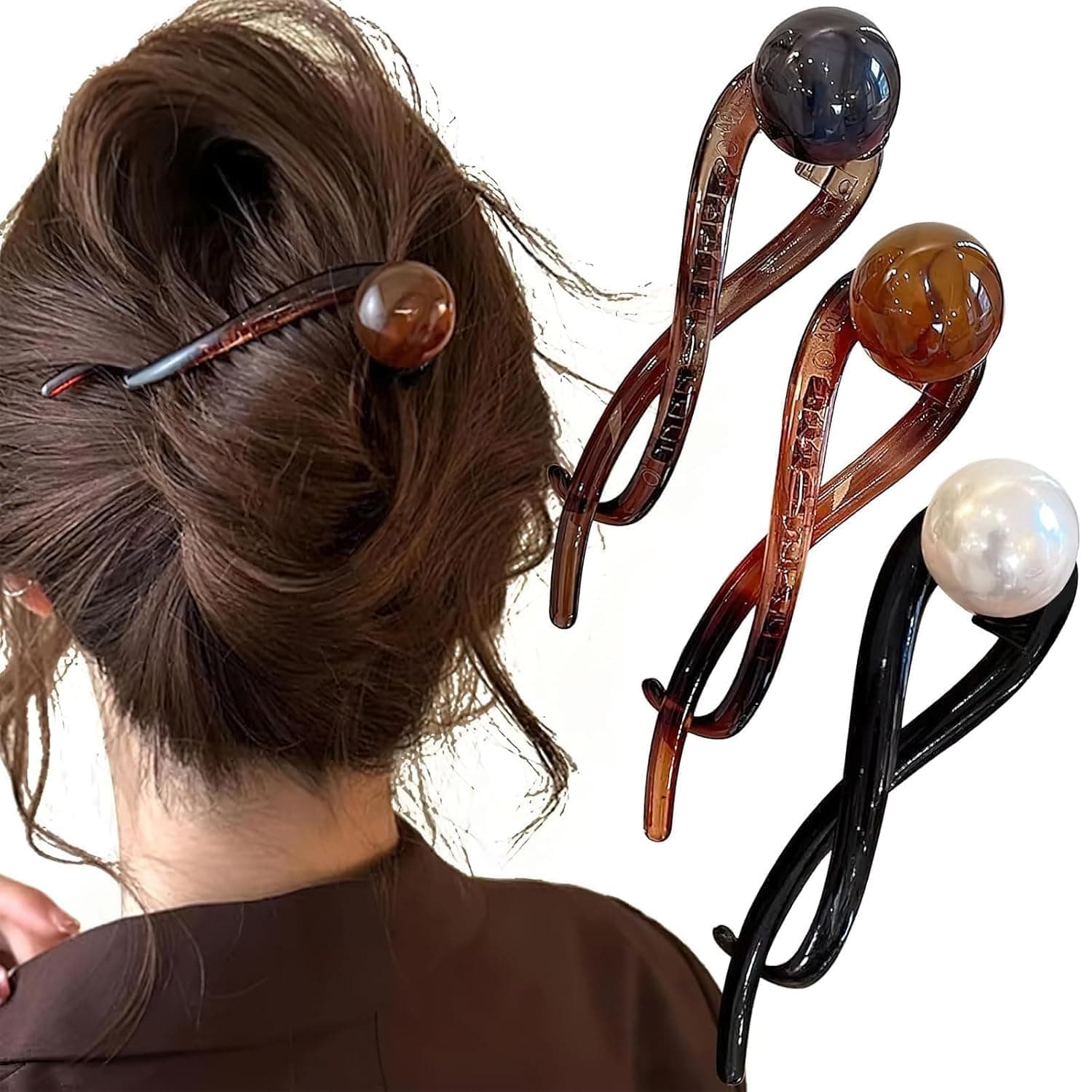 Melodio 3pcs Pearl Banana Hair Clips Grey Coffee White Twist Hair Pins Durable Non-slip Ponytail Clips Hair Clips Clamps Elegant Hair Claw Clips