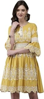 ishin Women's Above Knee Length Cotton Embroidered Floral Mustard A-Line Dress