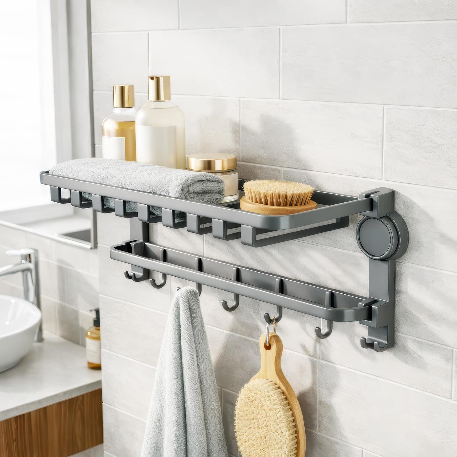 Amazon Basics Suction Towel Rack for Bathroom, No Drill Wall Mounted Aluminum Towel Holder with Hooks, Self Adhesive Rustproof Bathroom Towel Hanger, Damage-Free Install