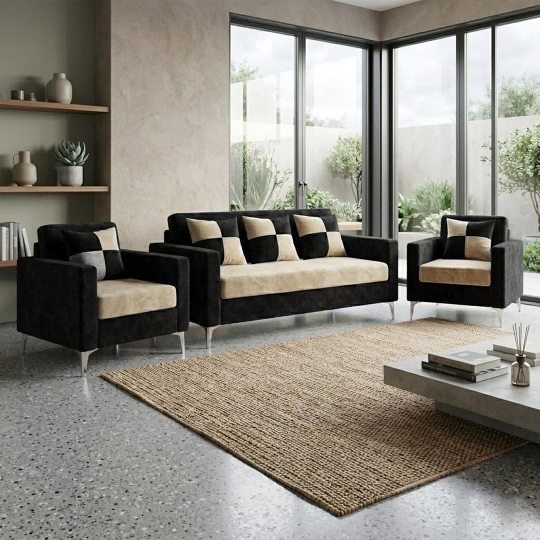 FURNY Lushwood 3 Seater + 1 Seater + 1 Seater Sofa Set (Cream–Black) | Premium Suede Velvet Fabric Finish | Silver Metal Legs | Durable Comfort Sofa for Modern Living Room & Office Spaces