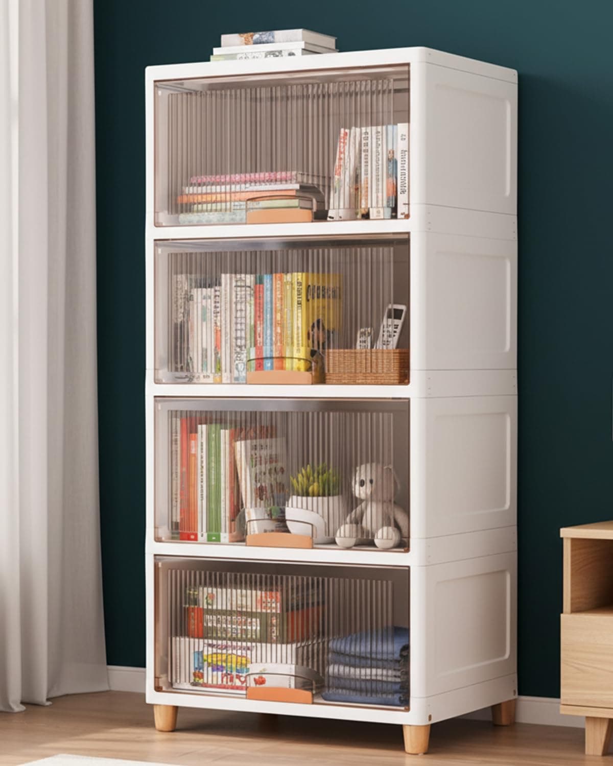 HOMIFLY 4 Tier X-large Plastic Wardrobe for Clothes/Multipurpose Stackable Storage Cabinet/Foldable Space Saving Almirah for Bedroom/Cupboard Organizer for Clothes, Toys, Kitchen(White & Transparent)