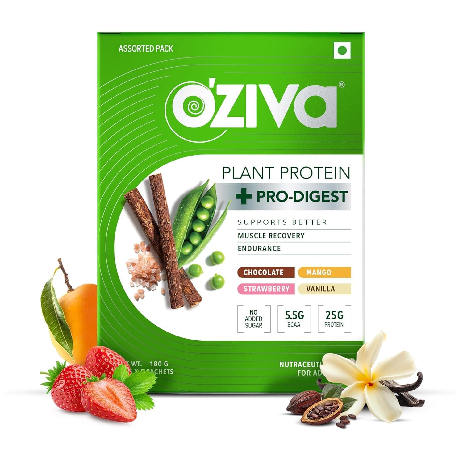 OZiva Plant Protein + Pro-Digest | 25g Protein | Supports Muscle Recovery | Assorted Flavours | 180g