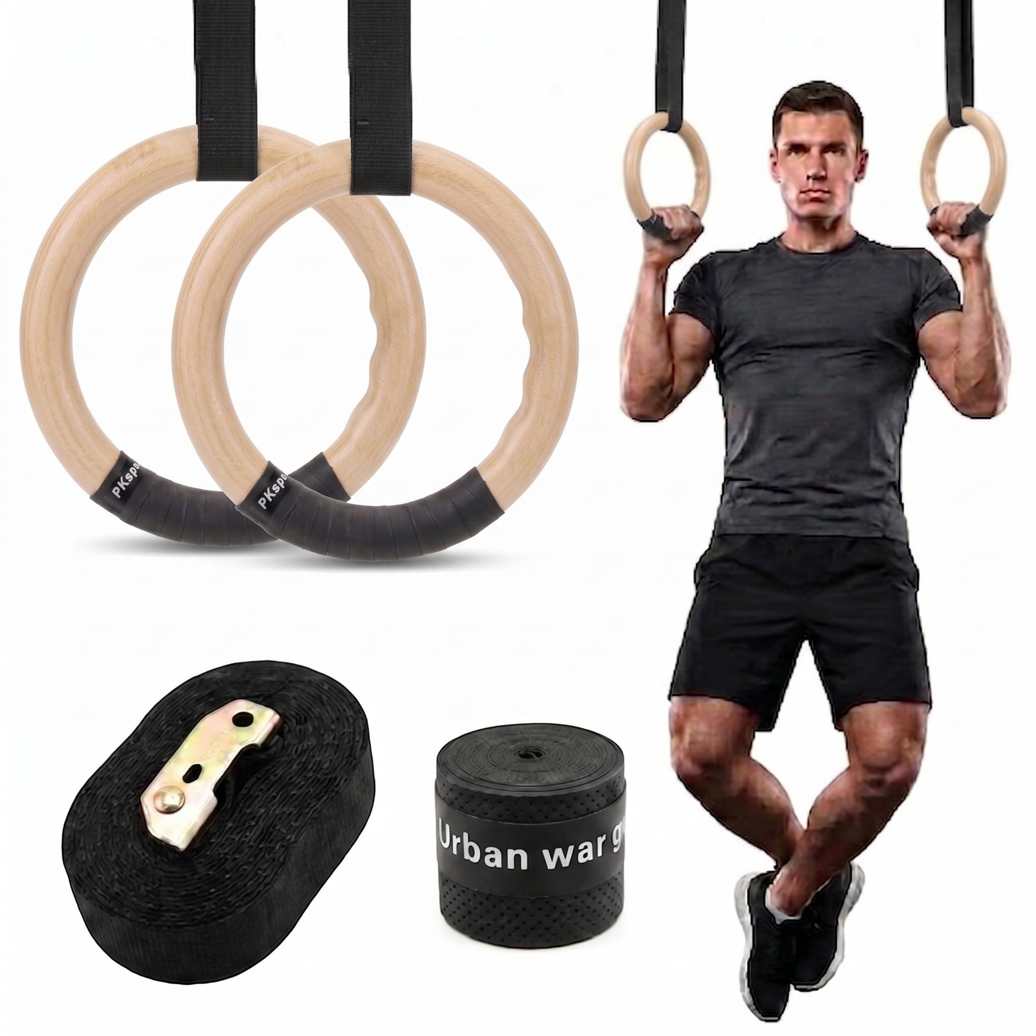 LENDZEE Gymnastic ABS Rings with Heavy Duty Adjustable Strap Capacity with 14.5ft Adjustable Buckle Straps for Cross Fitness Functional Training for Home Gym Full Body Workout