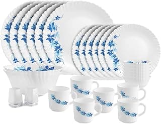 Cello Dazzle Series Blue Swirl Opalware Dinner Set | 28Pcs | White | Microwave & Dishwasher Safe | Light-Weight & Durable | Chip & Scratch Resistant | Best for Special Occasion & Gifting Purpose