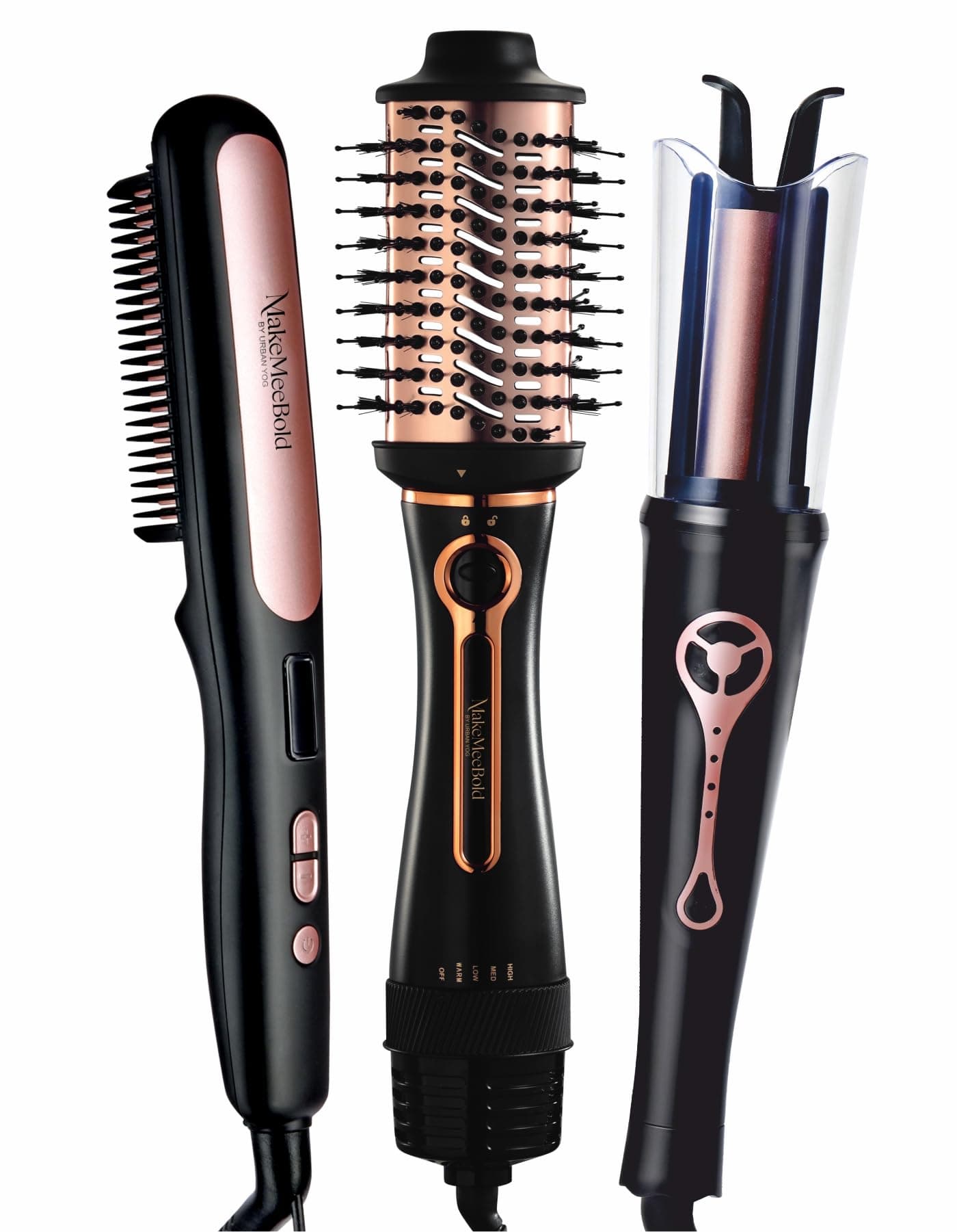 Urban yog Hair Styling Combo|Hot Air Brush,Automatic Hair Curler & Straightening Brush|3-in-1 Dryer,Volumizer,Curler,Straightener|Ceramic Coating,Anti-Scald|Salon Quality at Home,Black,1200 Watts