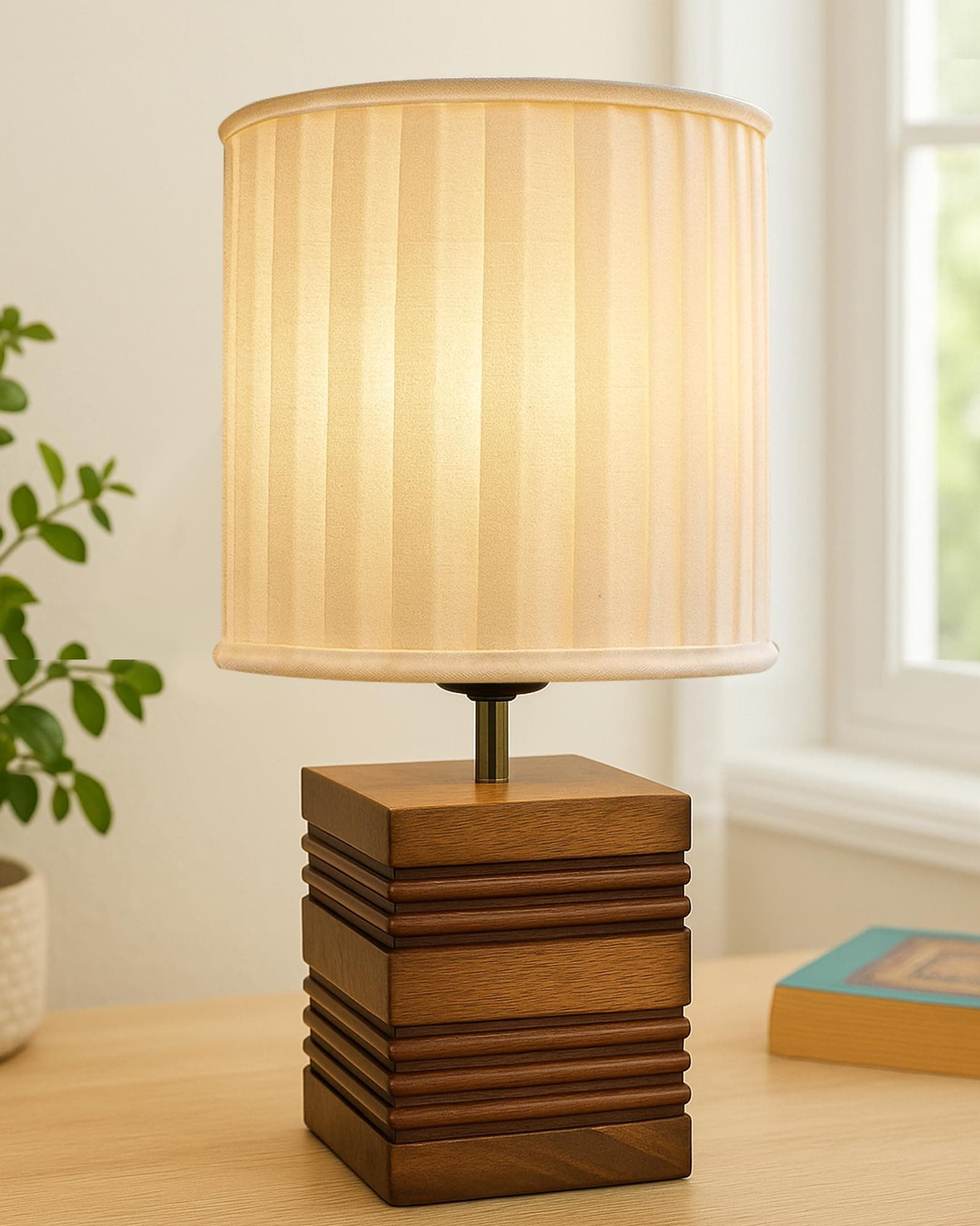 Homesake® Wooden Incandescent, Table Lamp for Living Room, Bedside Night Lamp, Lamps for Bedroom, Modern Home Décorative Light, Desk Lamp, Study Kids Room Lamp, Brown Rib Cube, Cone White Fril Shade