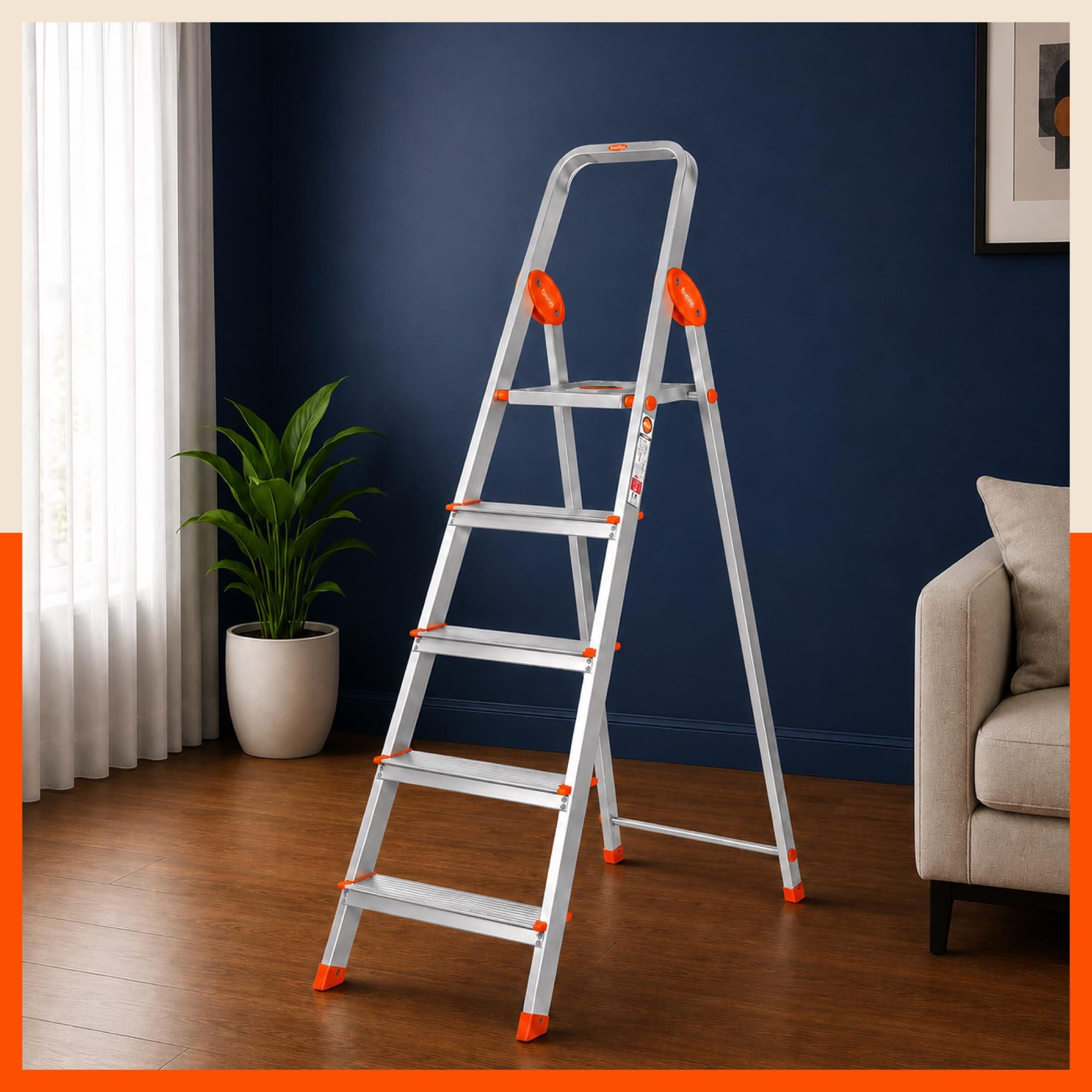 Bathla Advance 5-Step Aluminium Ladder | 150 Kg Load Capacity | Anti-Slip Steps | Sure-Hinge Technology | Home Use Step Ladder | 5 Year Warranty