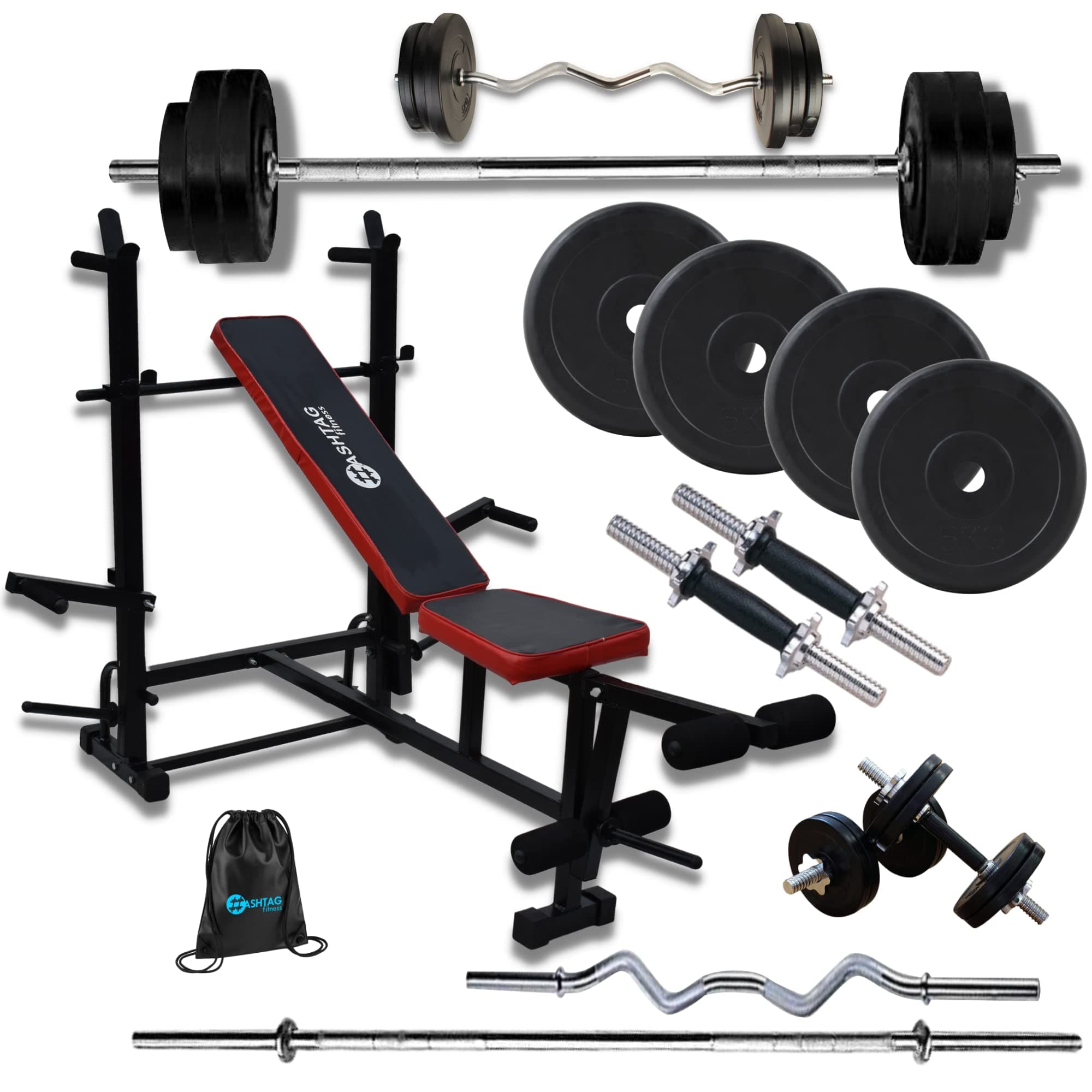Hashtag FItness bench for home gym with 20kg to 100kg rubber weights for home exercise equipment 8in1 gym bench press for home workout with 5ft rod