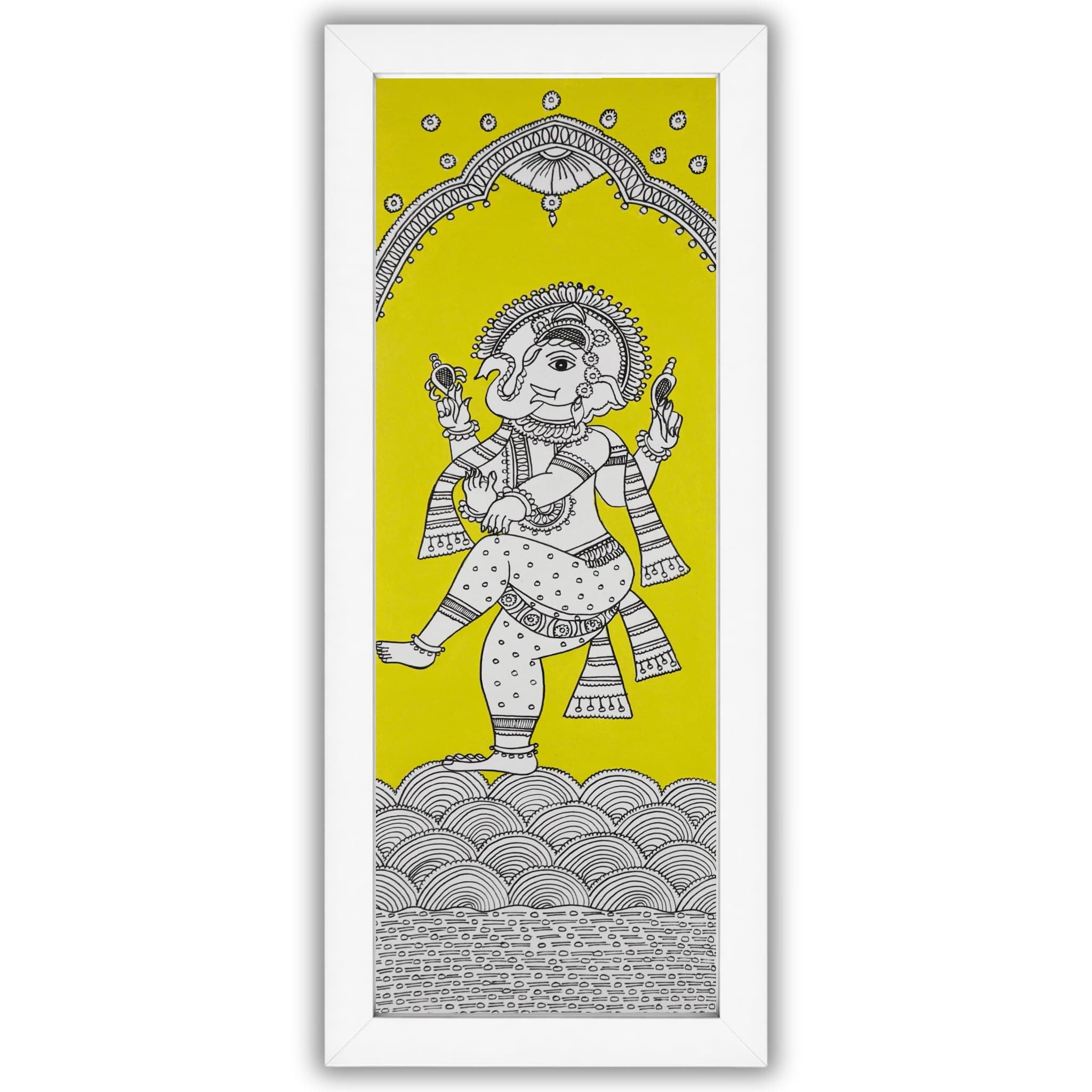 AAKARSHAK Kalamkari Handmade Ganesha Painting Framed 20x58 cm Vertical Art - Traditional Indian Wall Decor for Living Room Puja Room Office Narrow Wall Hanging