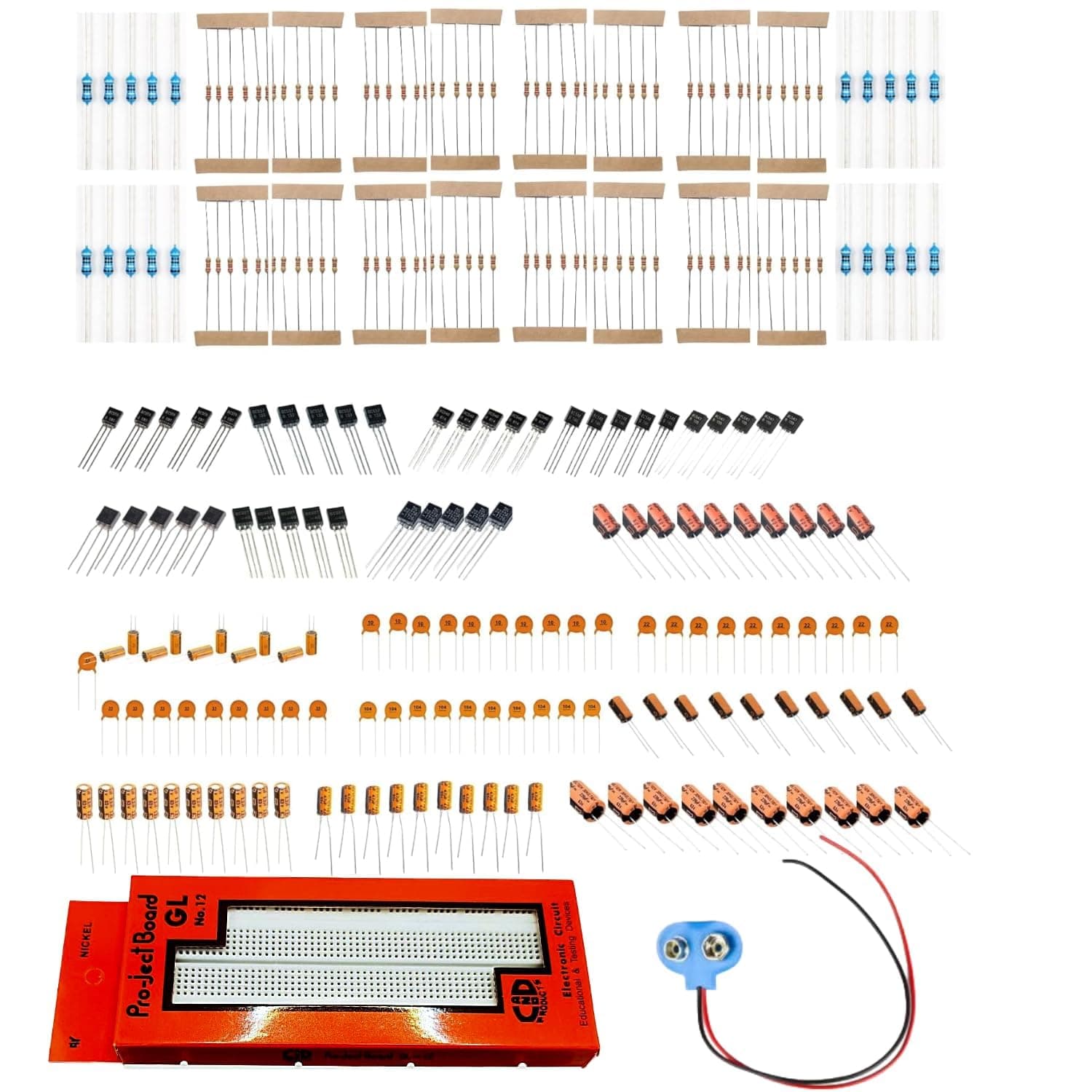 Lalitha 340+ Electronic components kit - For DIY Projects - small prototyping projects - science projects | Resistors, Capacitors & Transistors kit (With Breadboard, & snap)