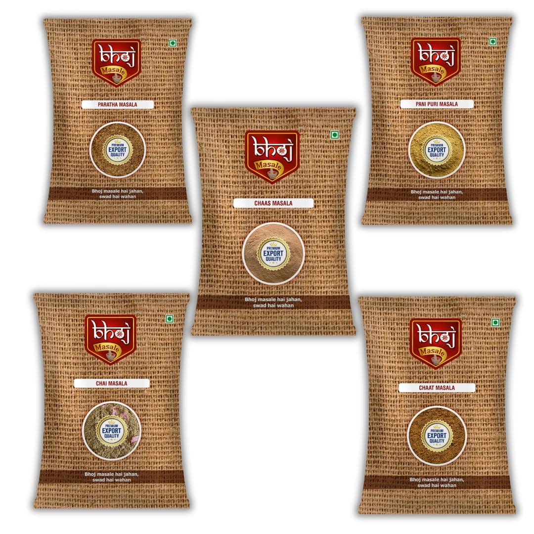 Bhoj Masale Chai, Chaas, Chaat, Paratha And Panipuri Masala Powder Combo Pack 100GM Each | Top Up Masale For Kitchen. No Colour No Preservatives No Onion No Garlic (Jain Masala)