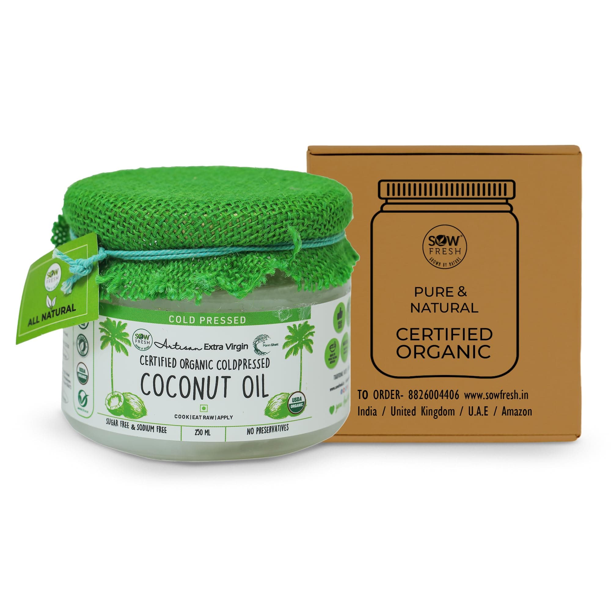Organic Cold Pressed Coconut Oil for Hair, Skin Care & Cooking (250ml) | Extra Virgin Nariyal Tel, Edible, Oil Pulling for Mouth, No Preservatives, Cholesterol & Gluten Free, USDA Organic, Non GMO