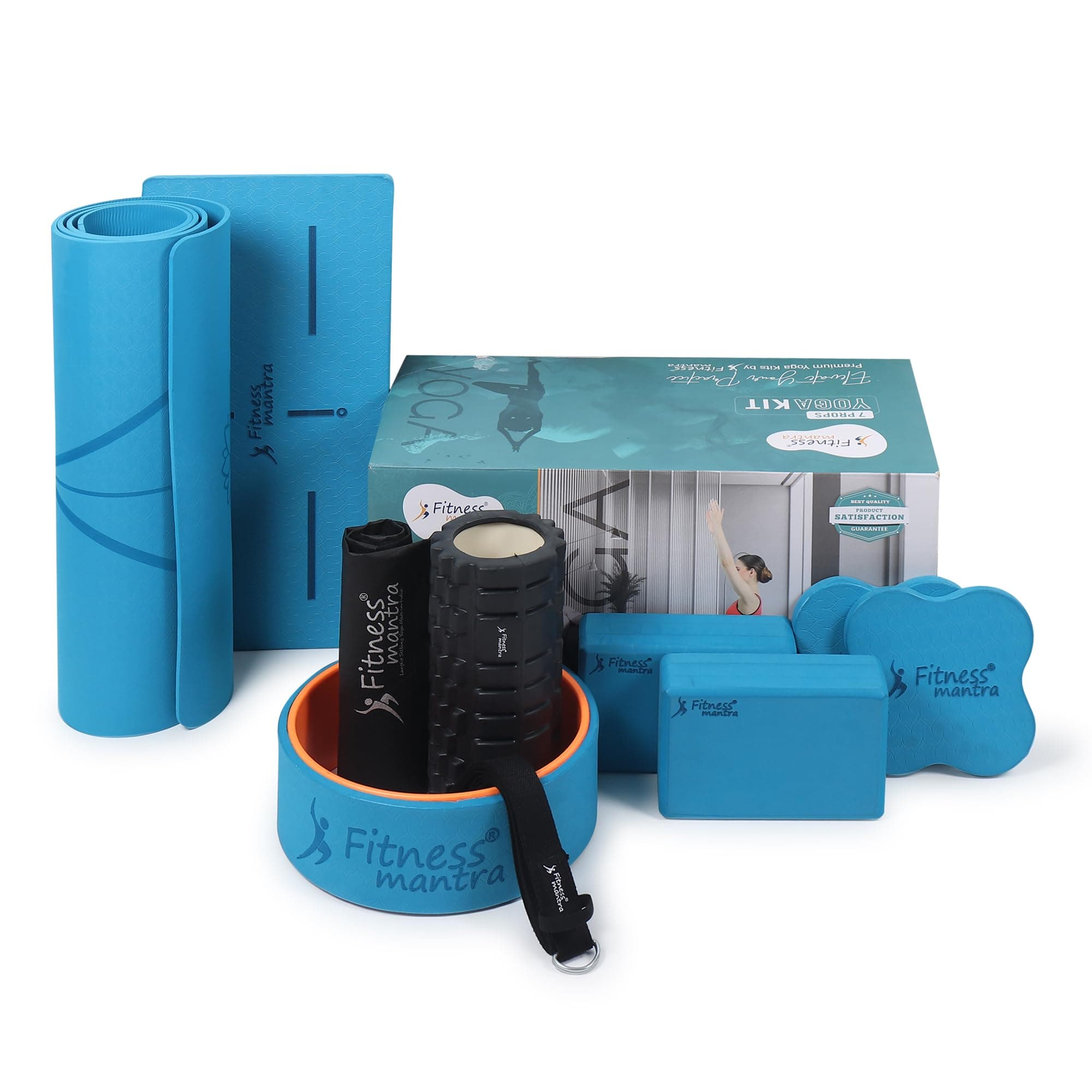 Fitness Mantra® 7 Props Yoga Kit| 1N TPE Mat, 1N Wheel, 1N Massage Roller, 1N Knee Pad, 1N Belt| 2N Bricks, 2N Elbow Pad|