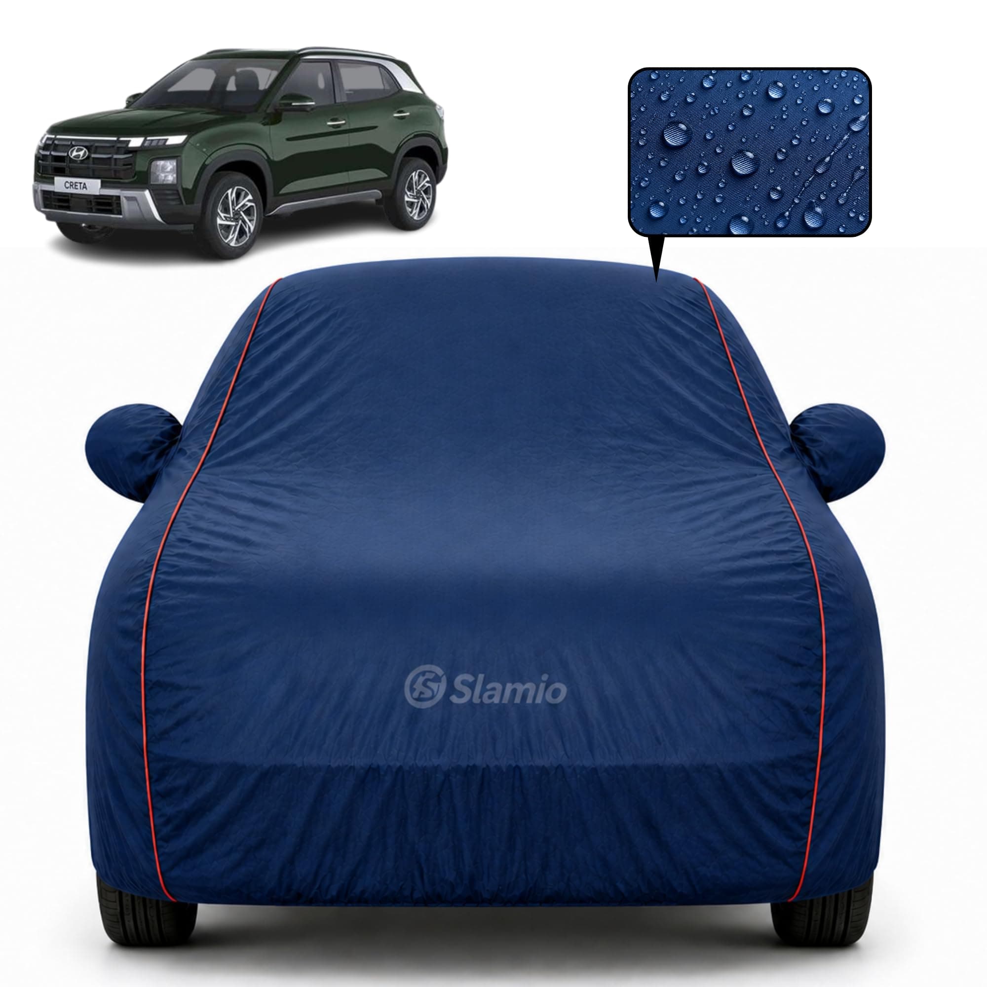 Slamio Premium 100% Waterproof Car Cover for Hyundai's Creta 2020-2026 Models All-Weather, UV & Dust Protection | Heavy-Duty 3-Layer Fabric | Custom Fit with Mirror & Antenna Pockets | Navy Blue