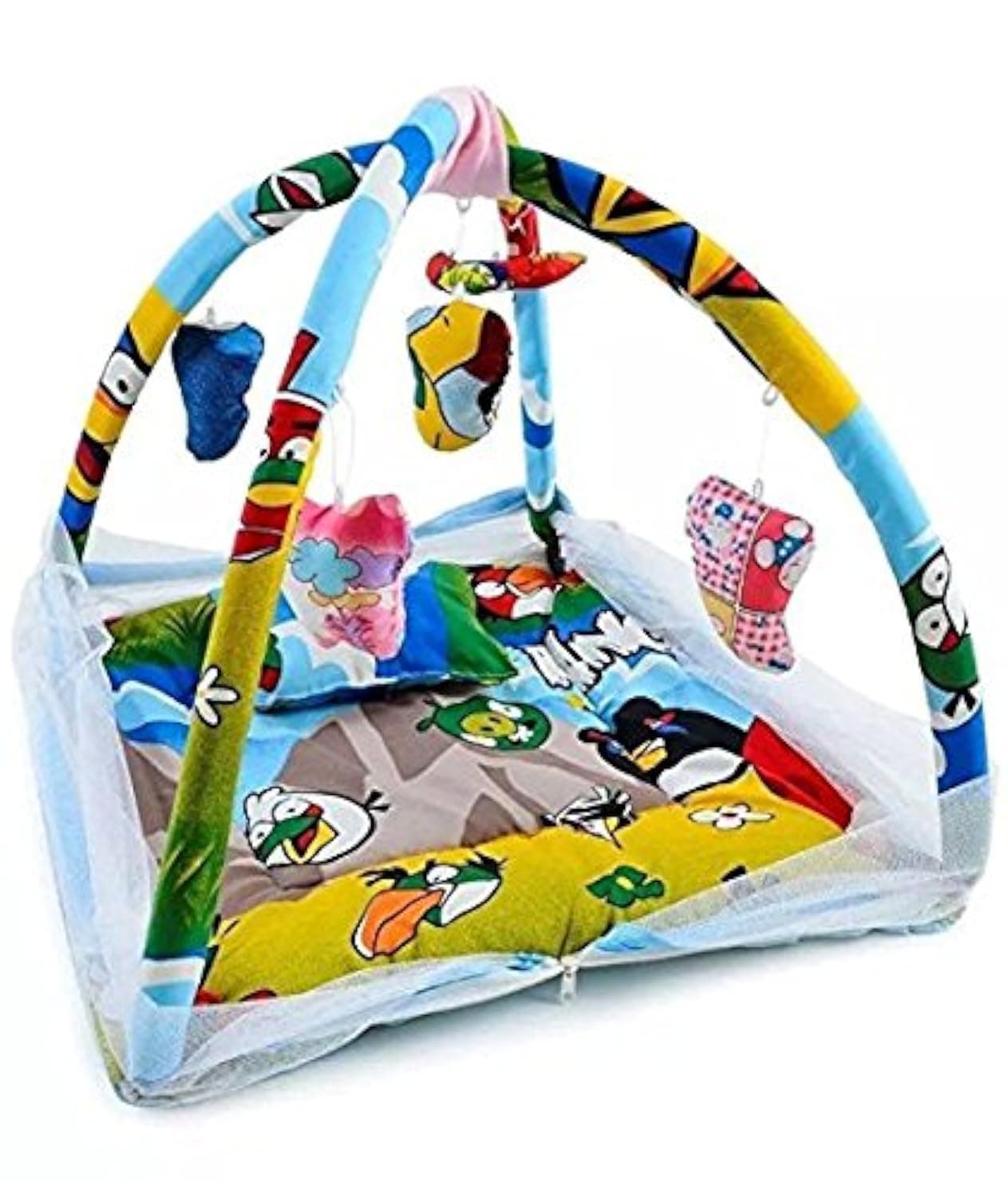 HOMECRUST Baby Bedding Set Glace Cotton 200TC Fabric || Playmat New Born Baby Kids Bed with Mosquito net Quilt and pillow|| color - Blue || 1 piece || Gift set