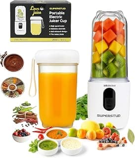 SUPERSTUD Blender Mixer Grinder | Mini Blender for Smoothies & Juices | 2-Jar Capacity (500ml*2) | 230W | 6 Blade || Type-C Charging & Battery Indicator | Auto-Stop After 40s (White)