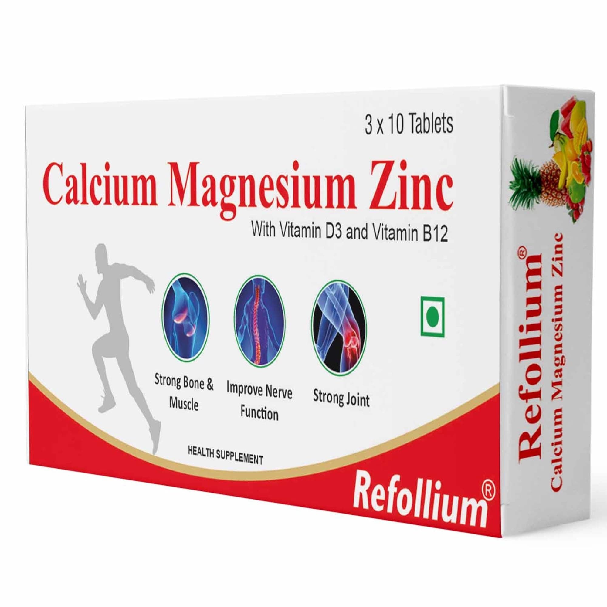Refollium Calcium Magnesium & Zinc Tablets With Vitamin D3, Vitamin B 12,Calcium Supplement For Women And Men, For Bone Health & Joint Support (60 Tablets)